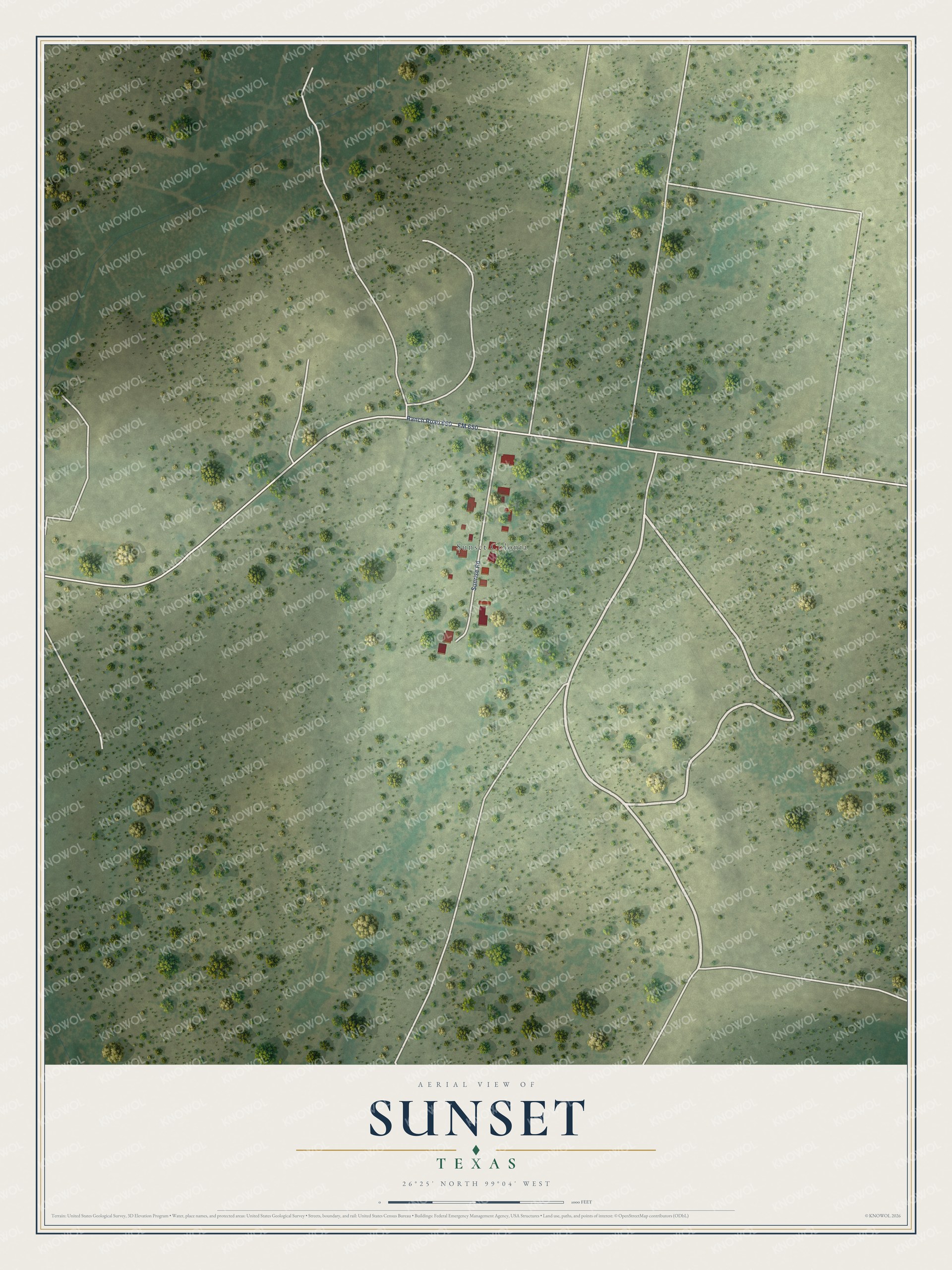 Full map of Sunset, Texas, with red buildings, printed street names and the land around them