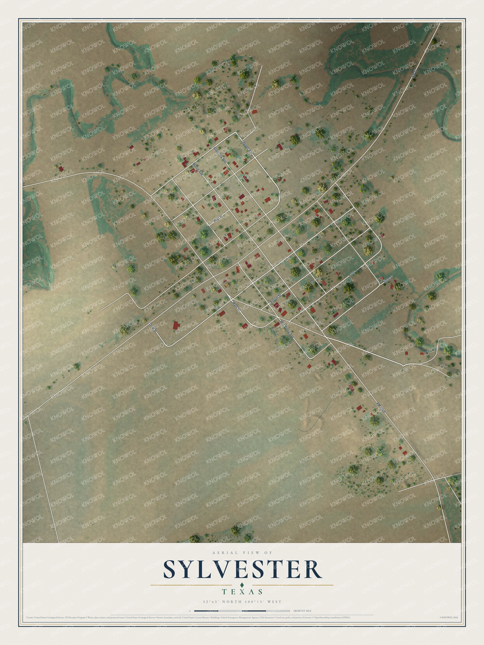 Full map of Sylvester, Texas, with red buildings, printed street names and the land around them