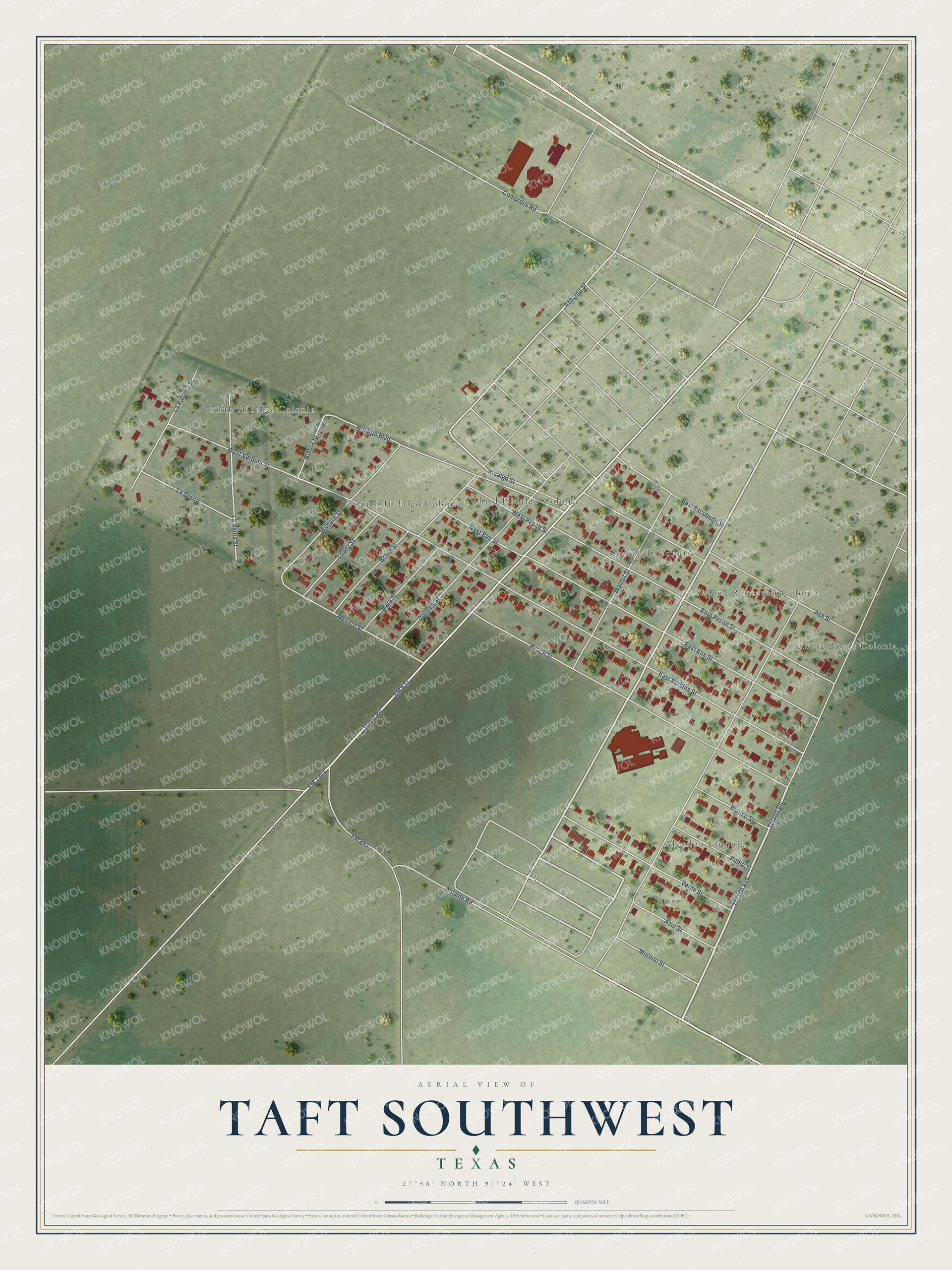 Full map of Taft Southwest, Texas, with red buildings, printed street names and the land around them