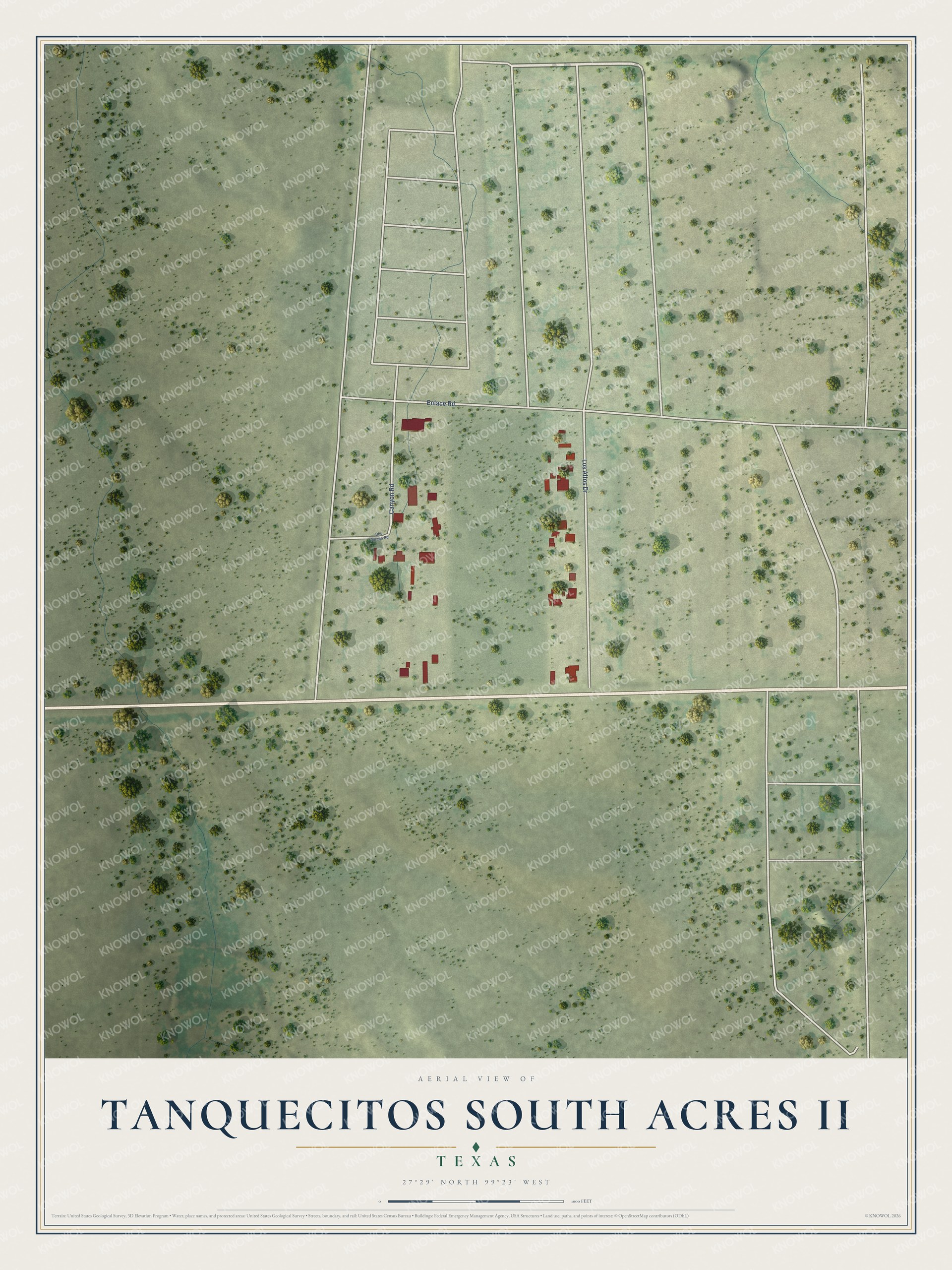 Full map of Tanquecitos South Acres II, Texas, with red buildings, printed street names and the land around them