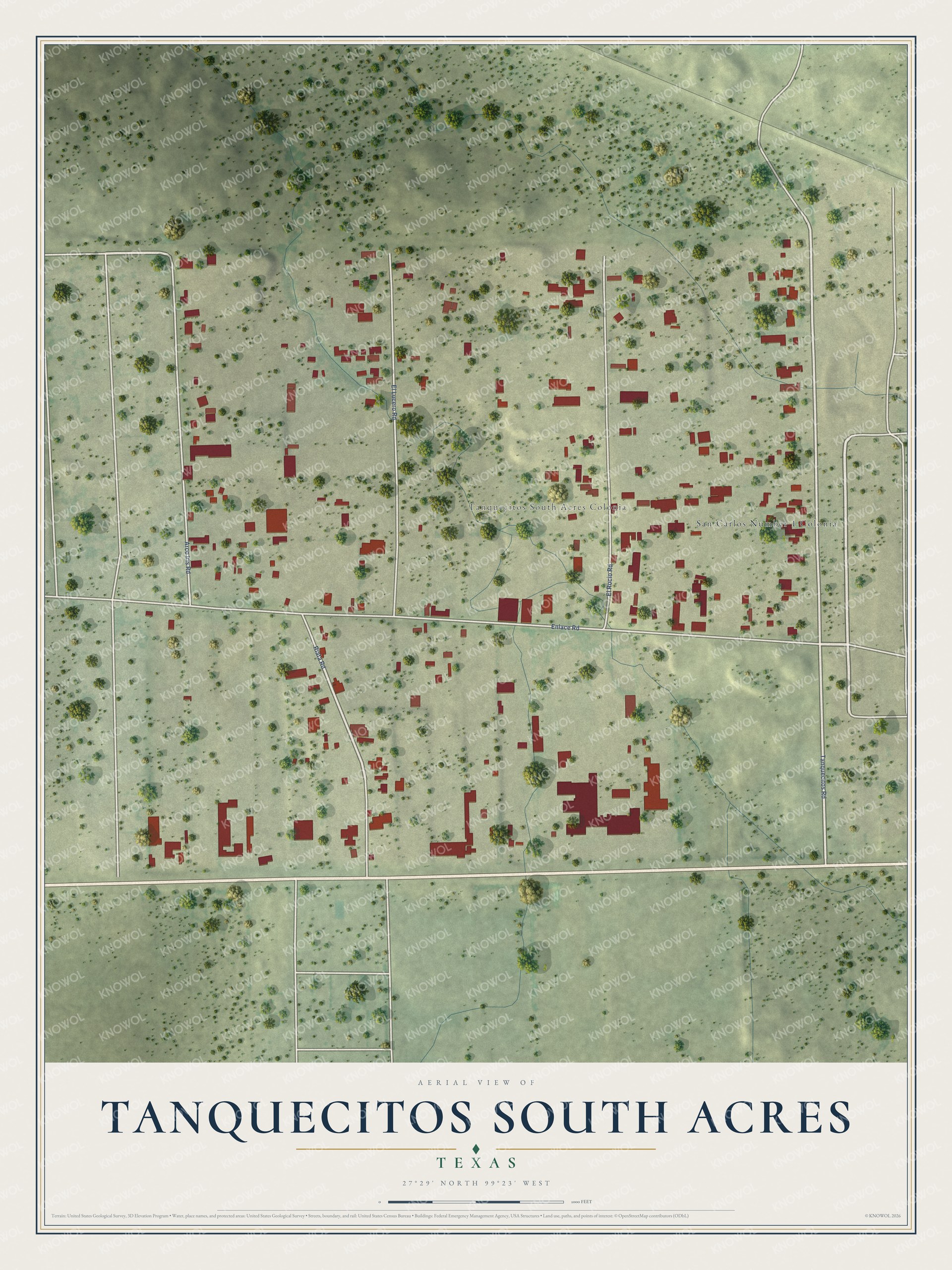 Full map of Tanquecitos South Acres, Texas, with red buildings, printed street names and the land around them