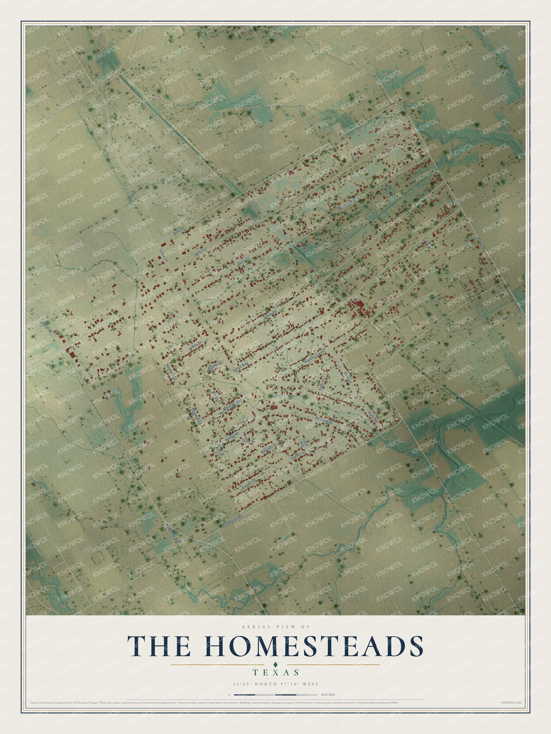 Full map of The Homesteads, Texas, with red buildings, printed street names and the land around them