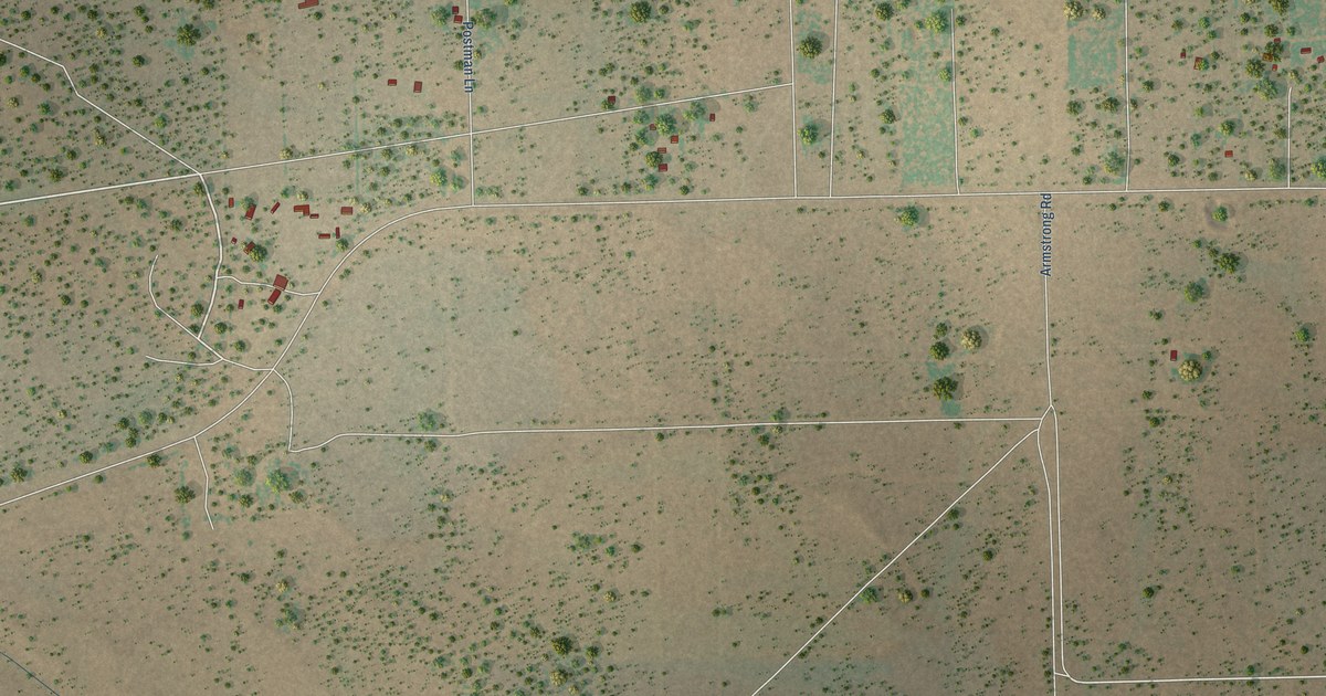 Close-up of streets and buildings in Thompsonville, Texas