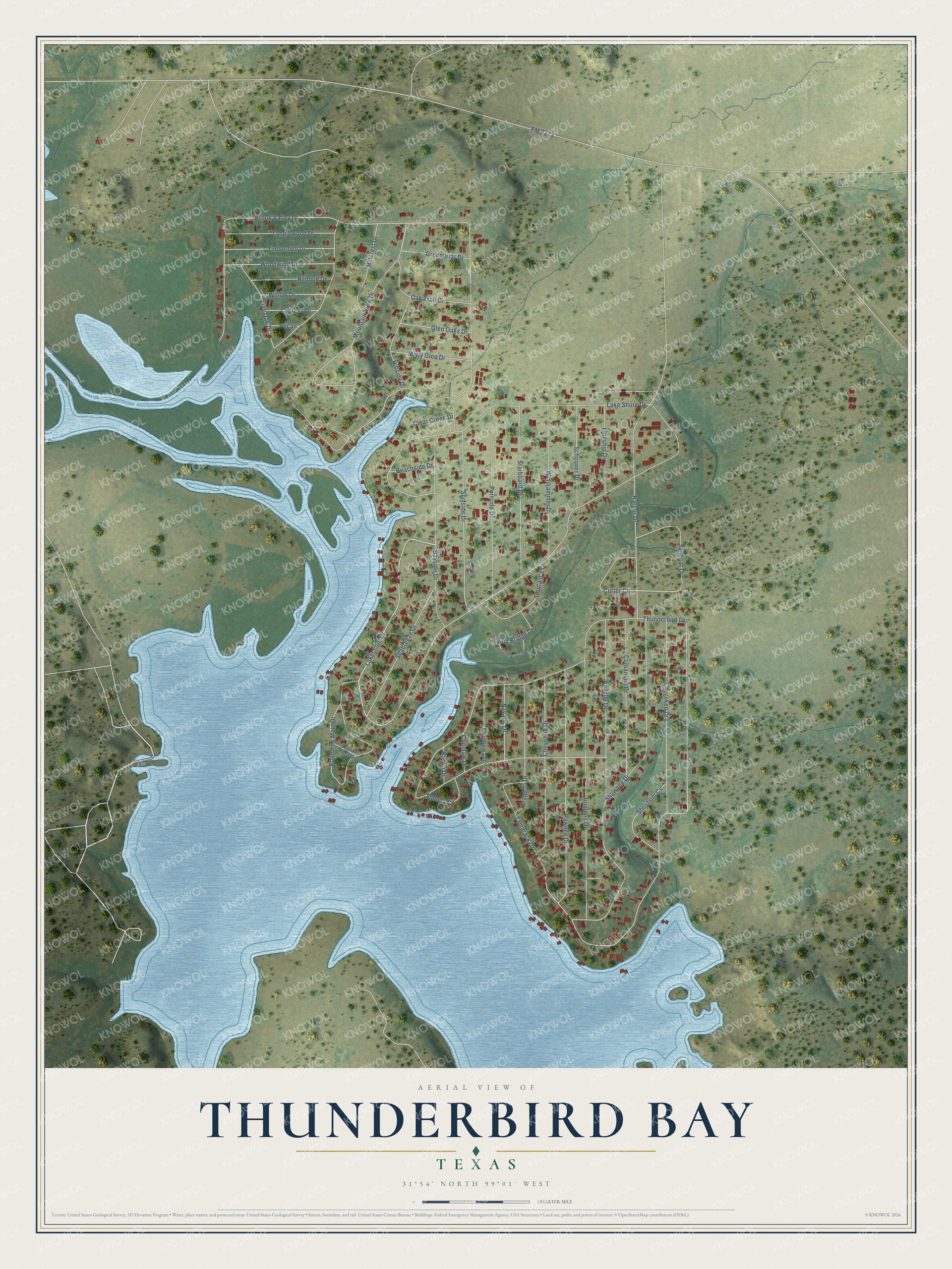 Full map of Thunderbird Bay, Texas, with red buildings, printed street names and the land around them