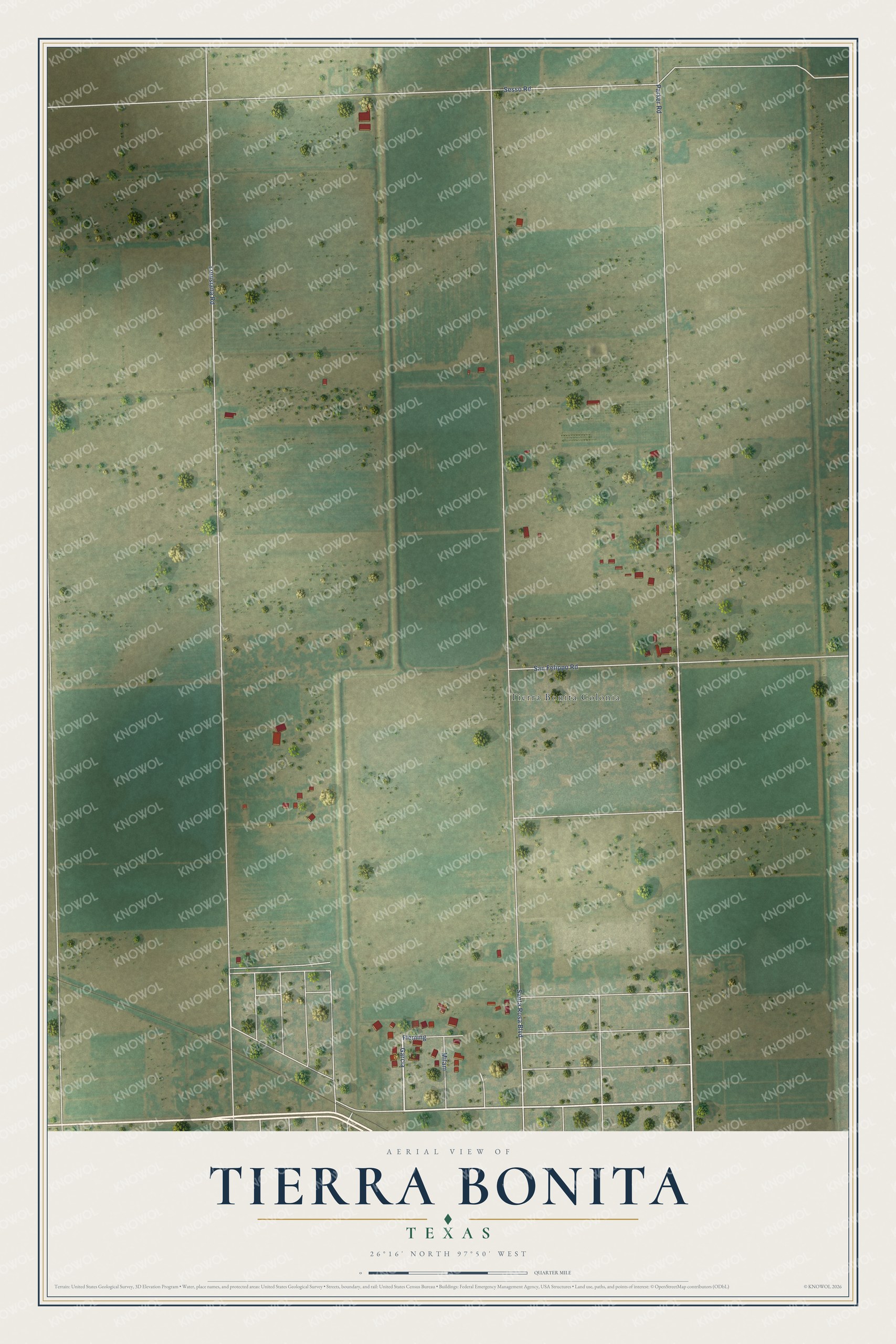 Full map of Tierra Bonita, Texas, with red buildings, printed street names and the land around them