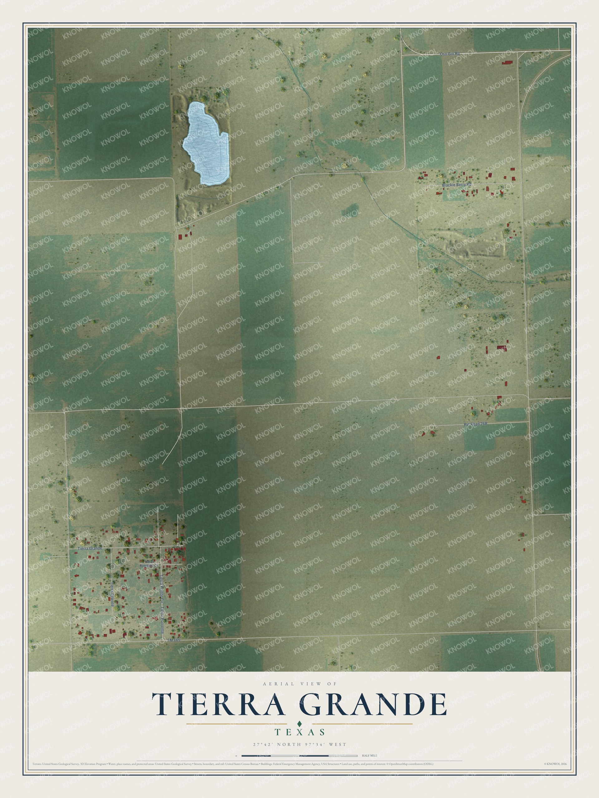 Full map of Tierra Grande, Texas, with red buildings, printed street names and the land around them