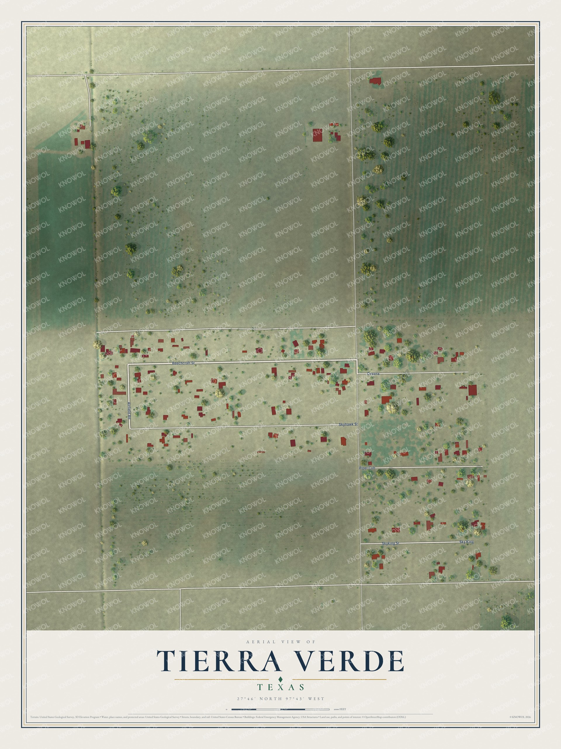 Full map of Tierra Verde, Texas, with red buildings, printed street names and the land around them