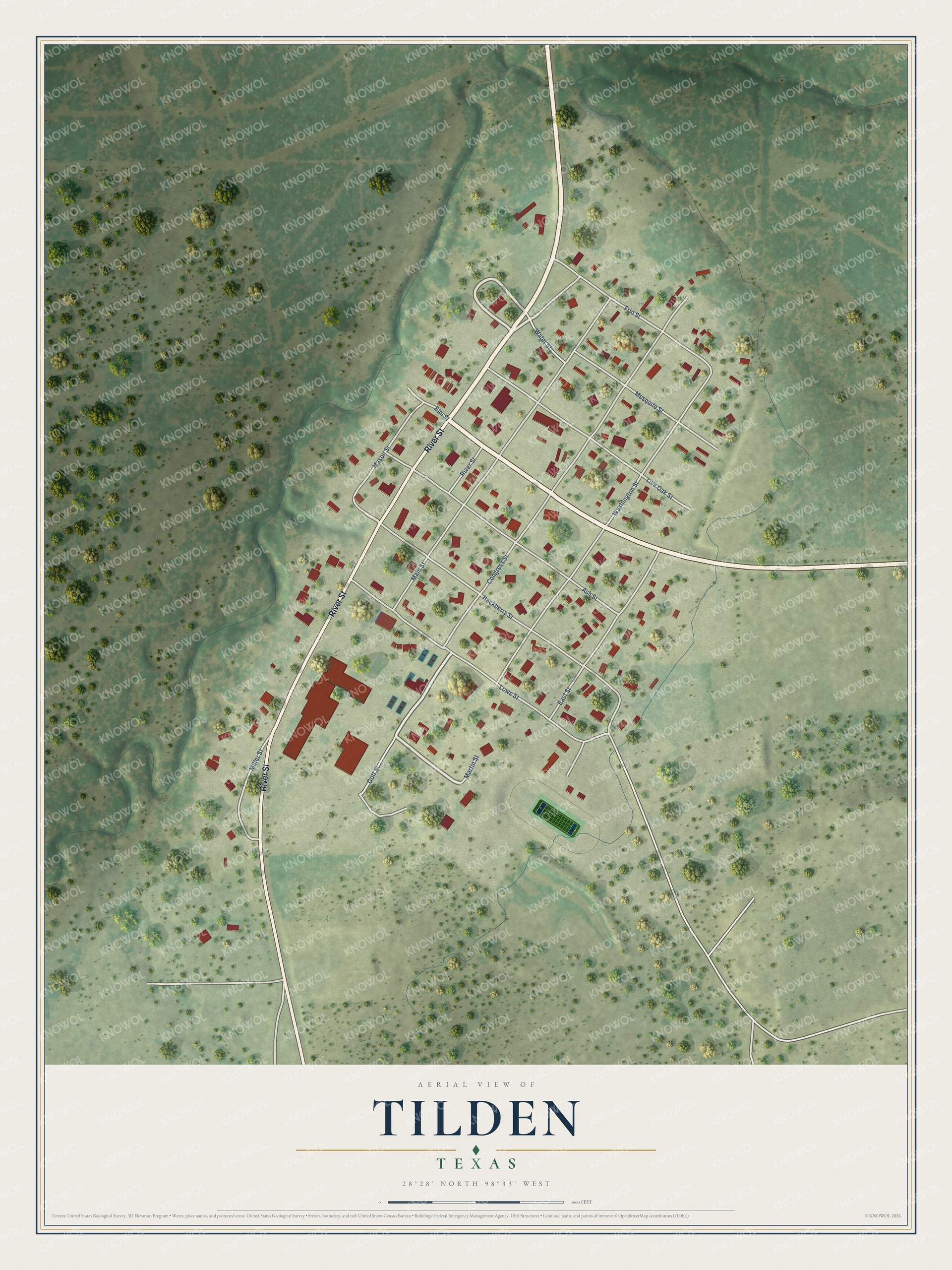 Full map of Tilden, Texas, with red buildings, printed street names and the land around them