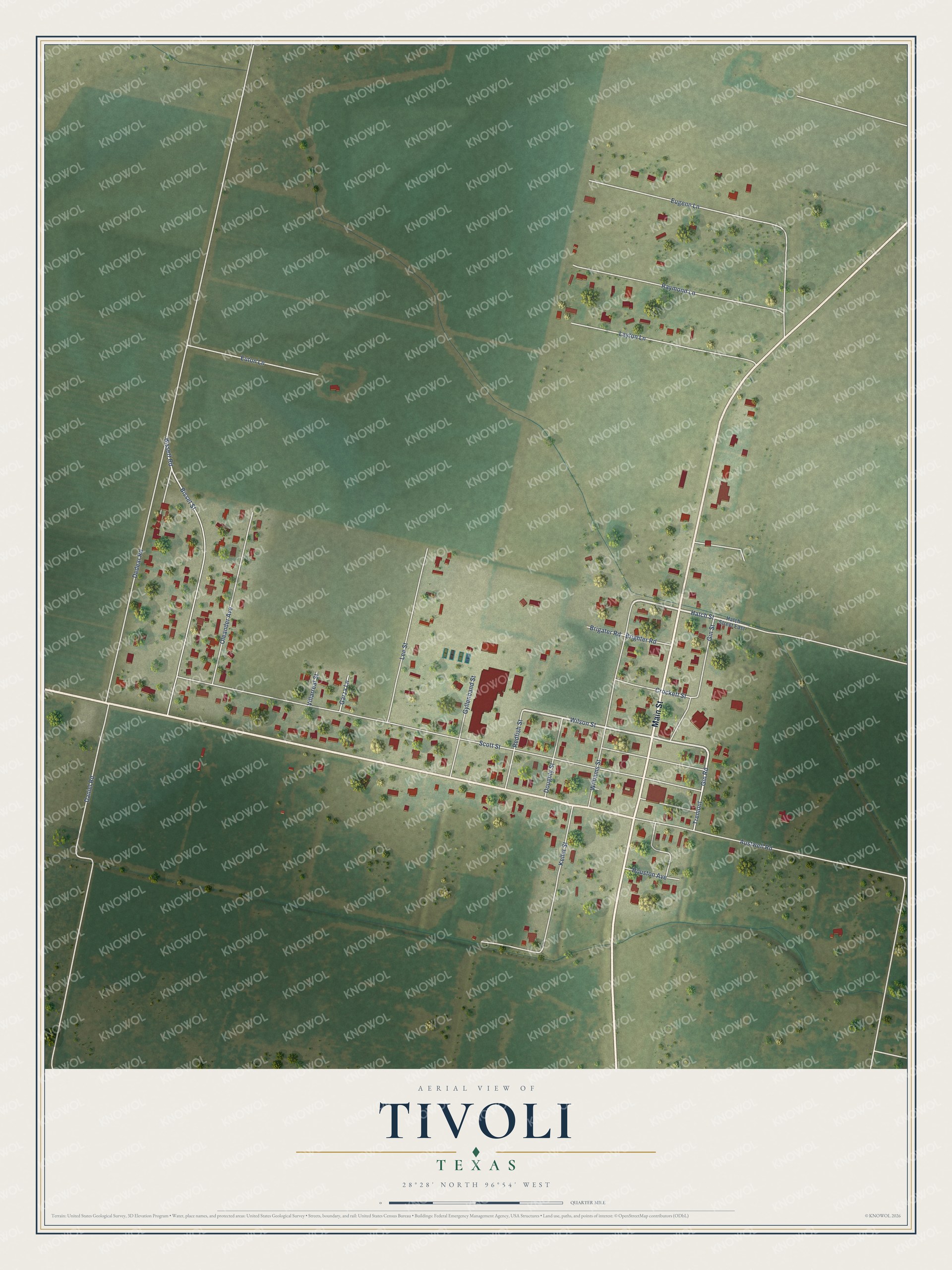 Full map of Tivoli, Texas, with red buildings, printed street names and the land around them