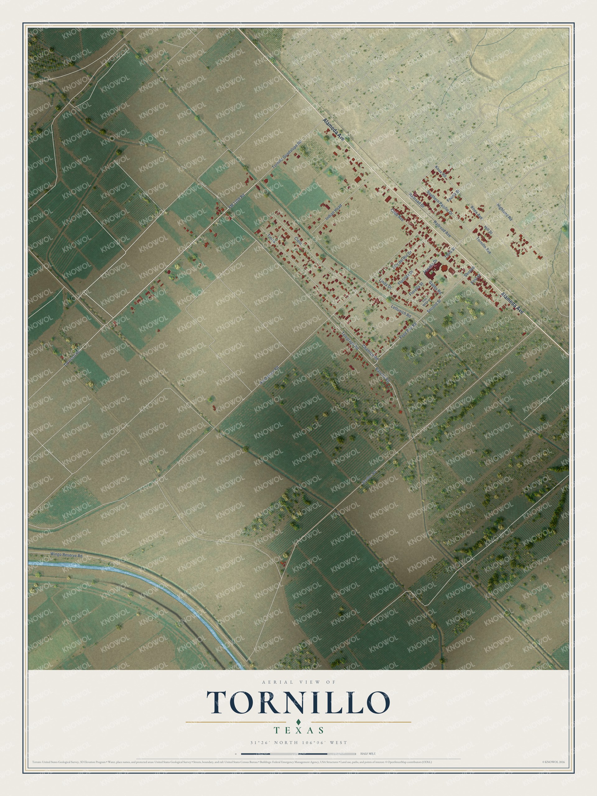Full map of Tornillo, Texas, with red buildings, printed street names and the land around them