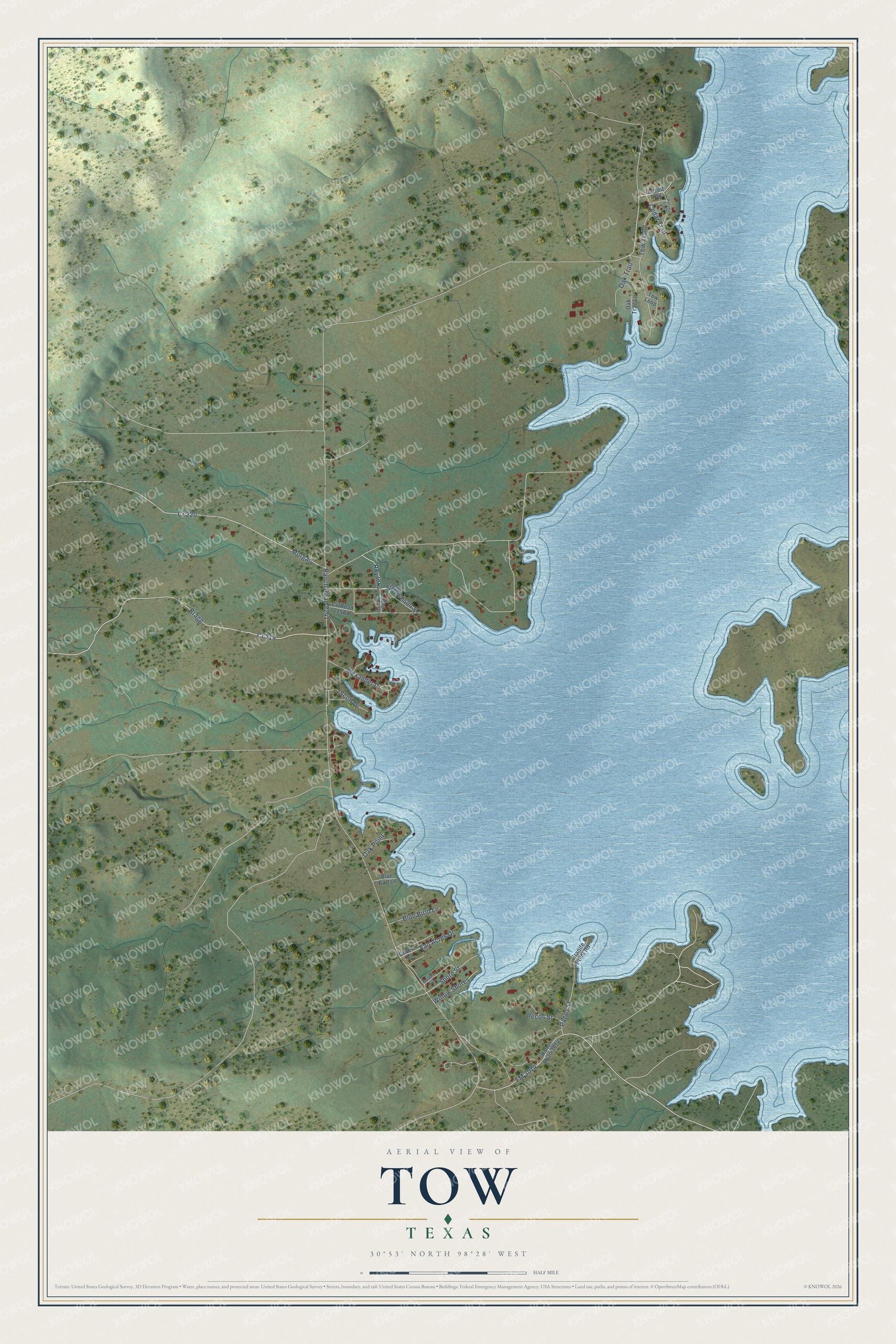Full map of Tow, Texas, with red buildings, printed street names and the land around them