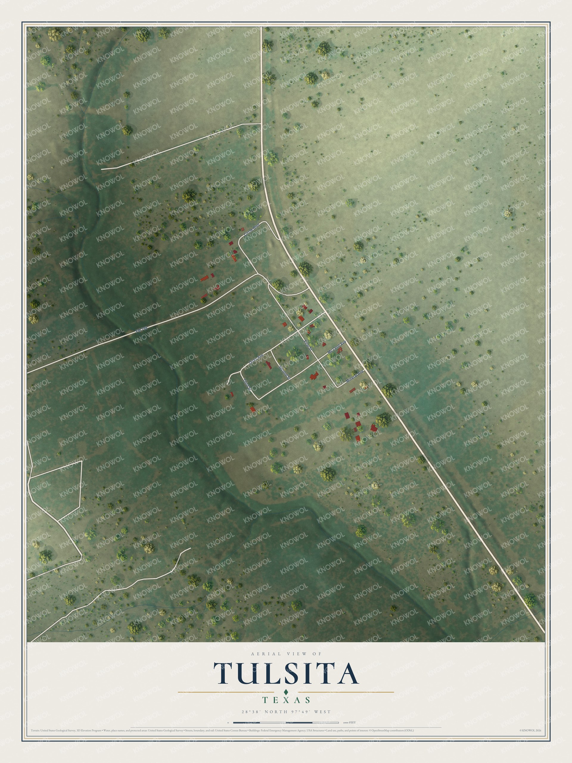 Full map of Tulsita, Texas, with red buildings, printed street names and the land around them