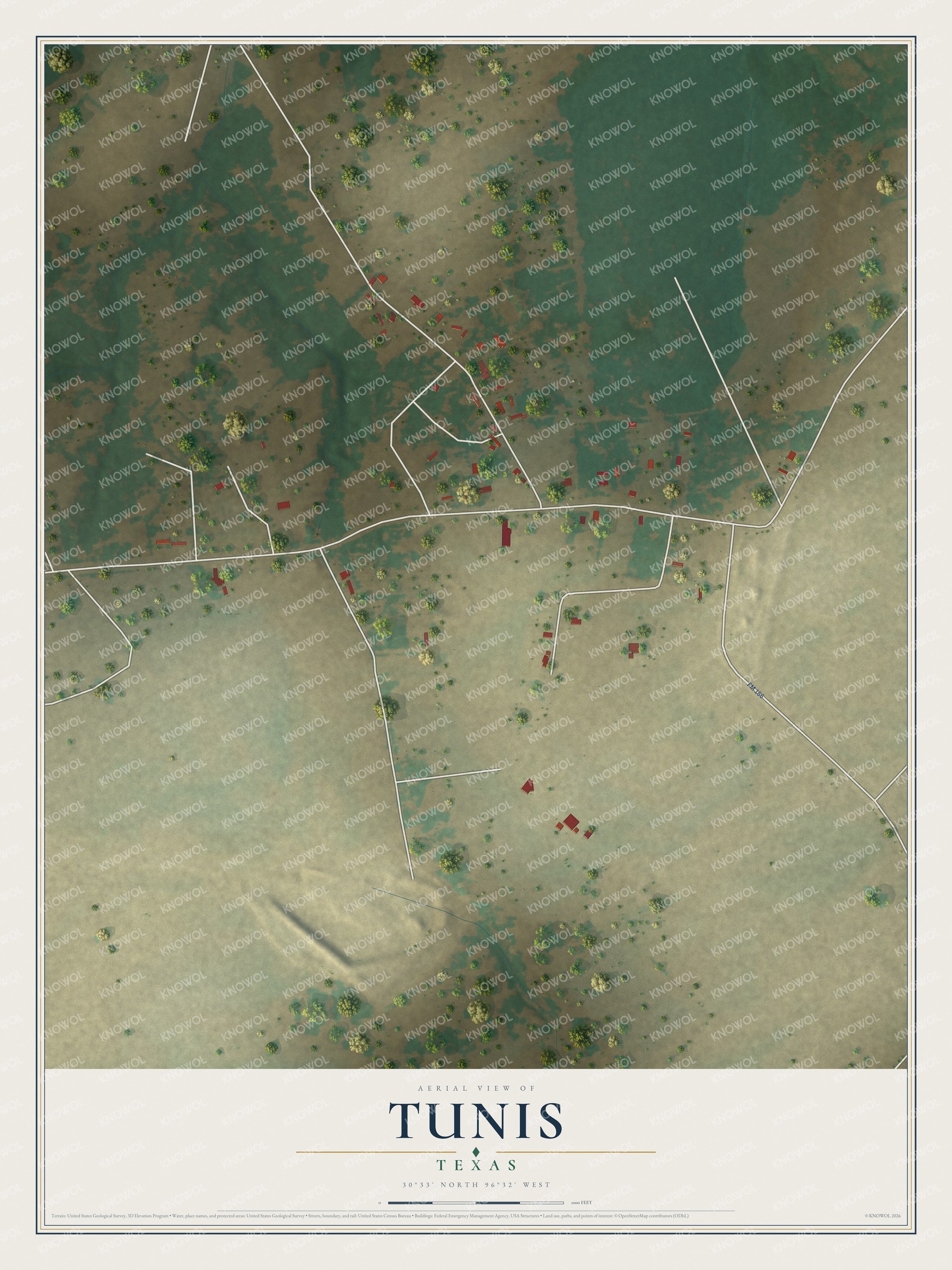 Full map of Tunis, Texas, with red buildings, printed street names and the land around them