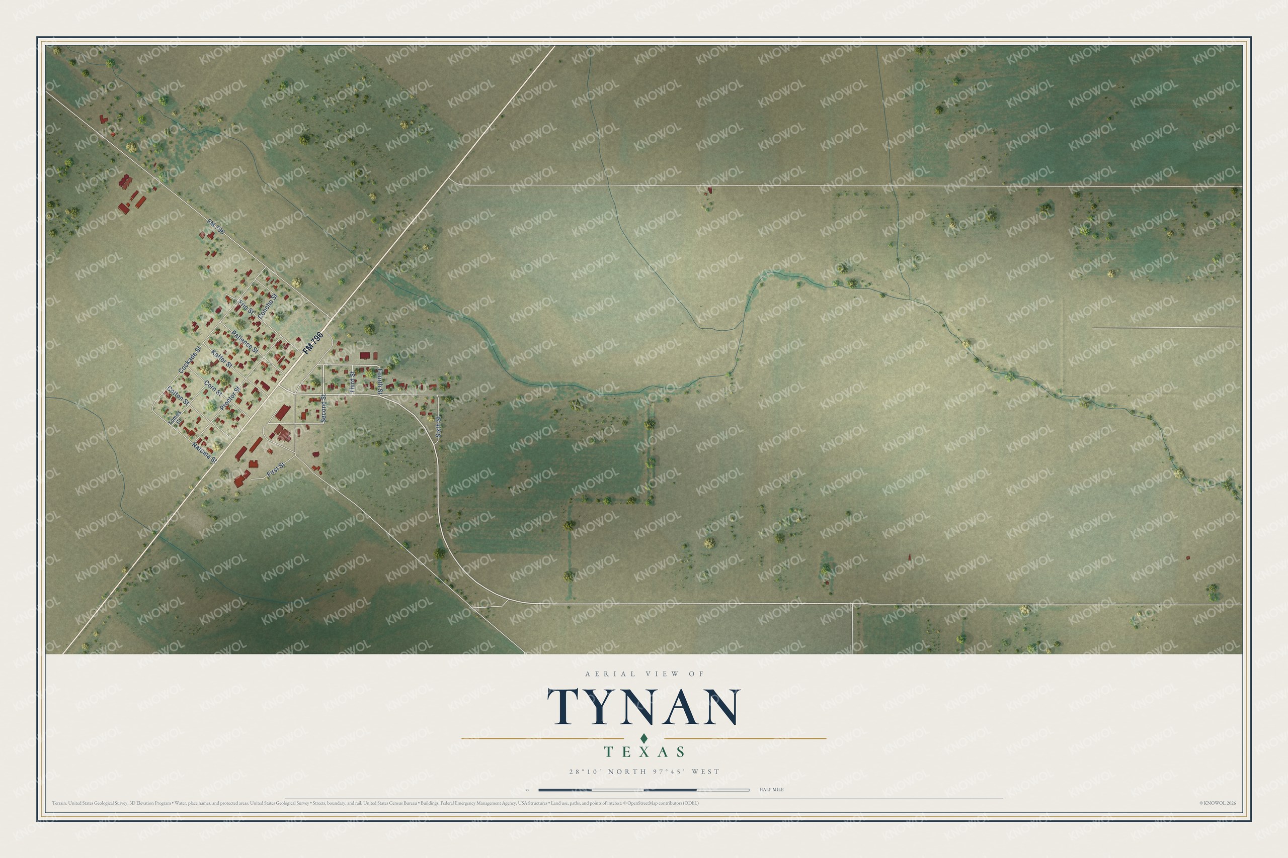 Full map of Tynan, Texas, with red buildings, printed street names and the land around them