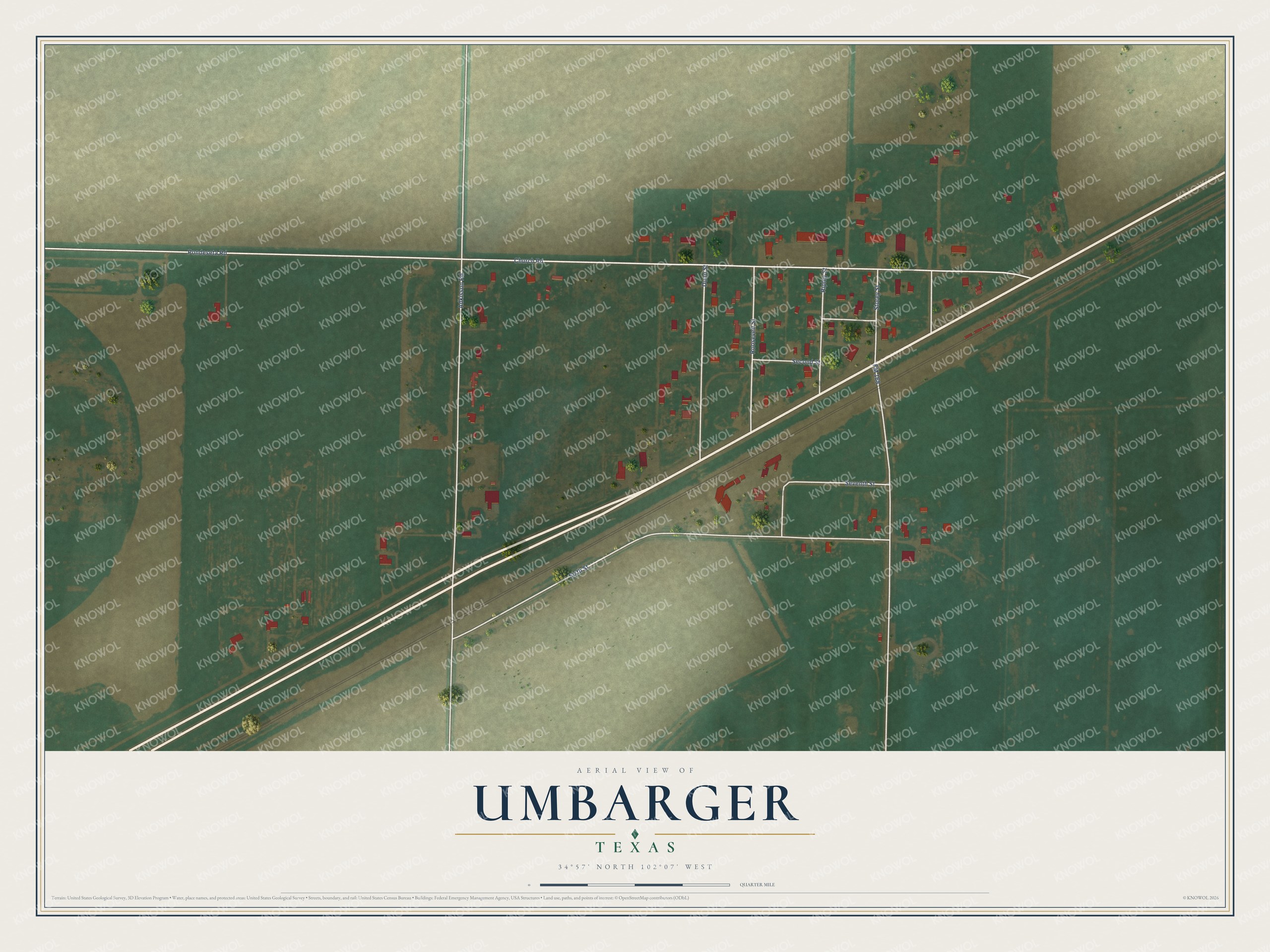 Full map of Umbarger, Texas, with red buildings, printed street names and the land around them
