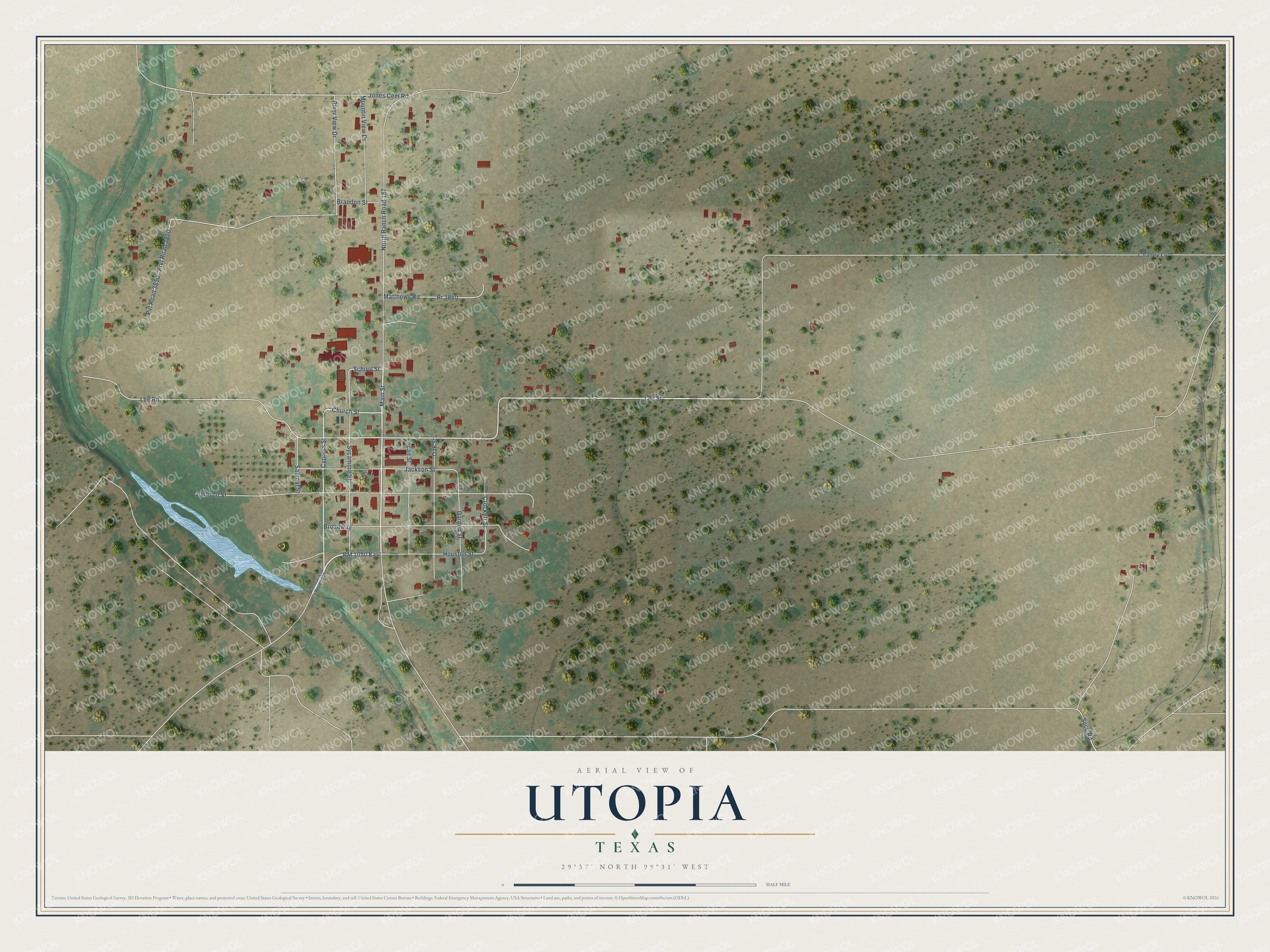 Full map of Utopia, Texas, with red buildings, printed street names and the land around them