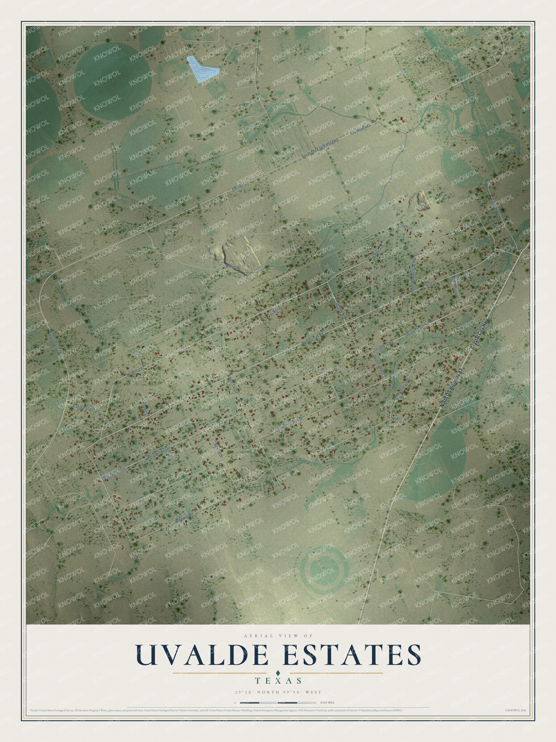Full map of Uvalde Estates, Texas, with red buildings, printed street names and the land around them