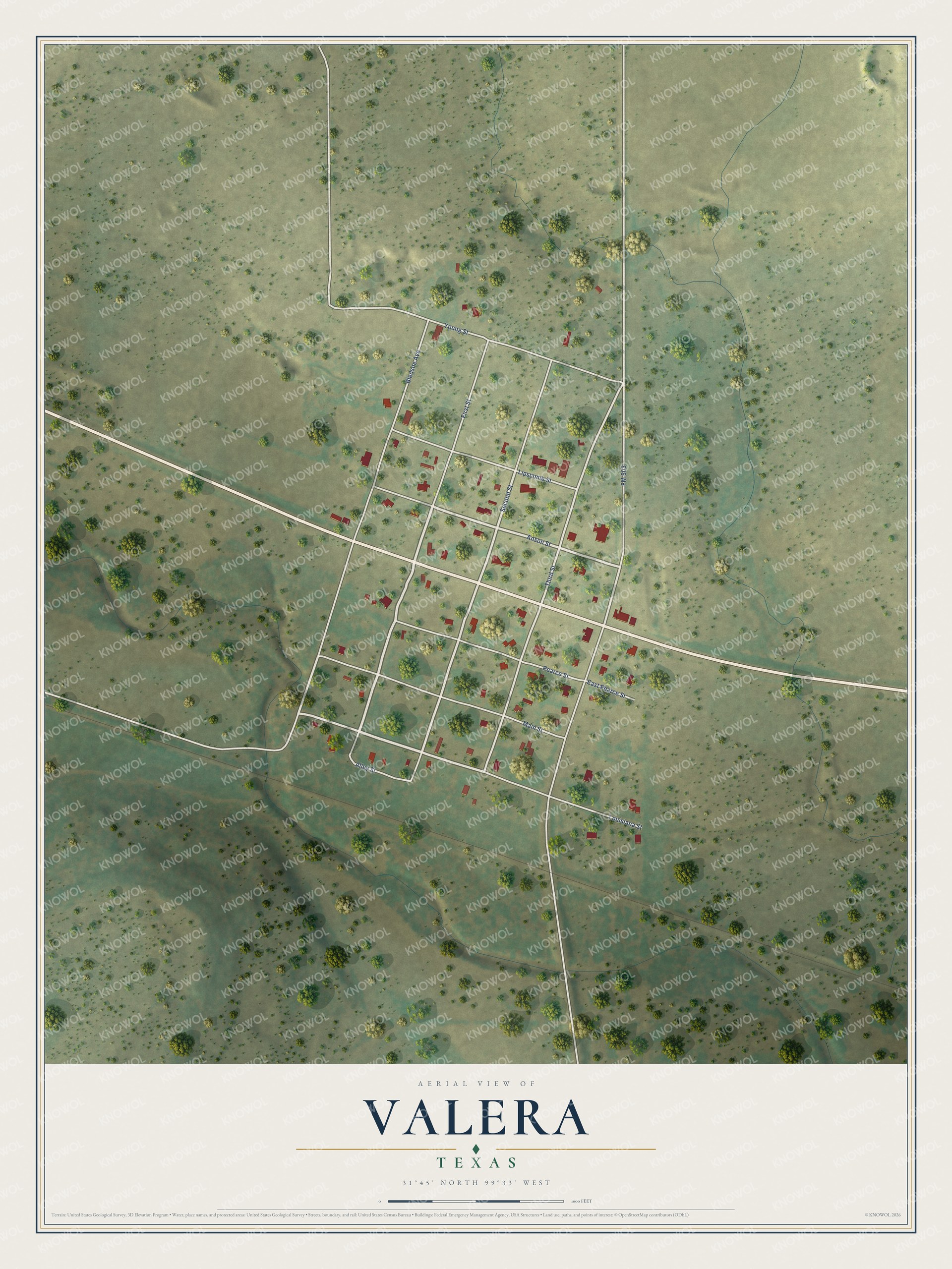 Full map of Valera, Texas, with red buildings, printed street names and the land around them