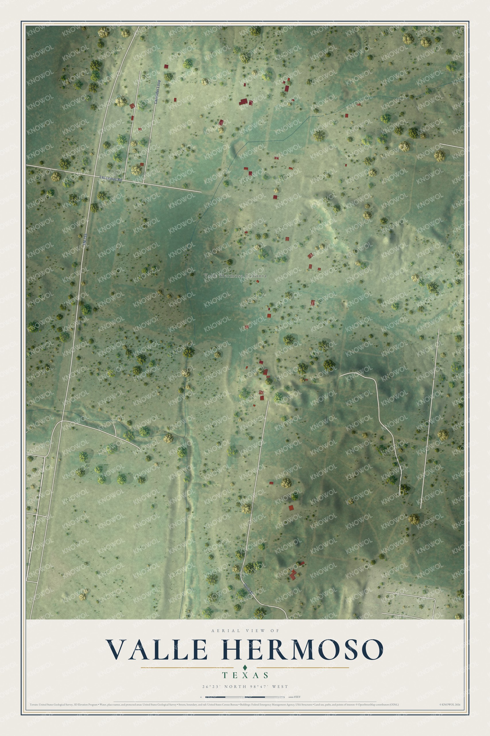 Full map of Valle Hermoso, Texas, with red buildings, printed street names and the land around them