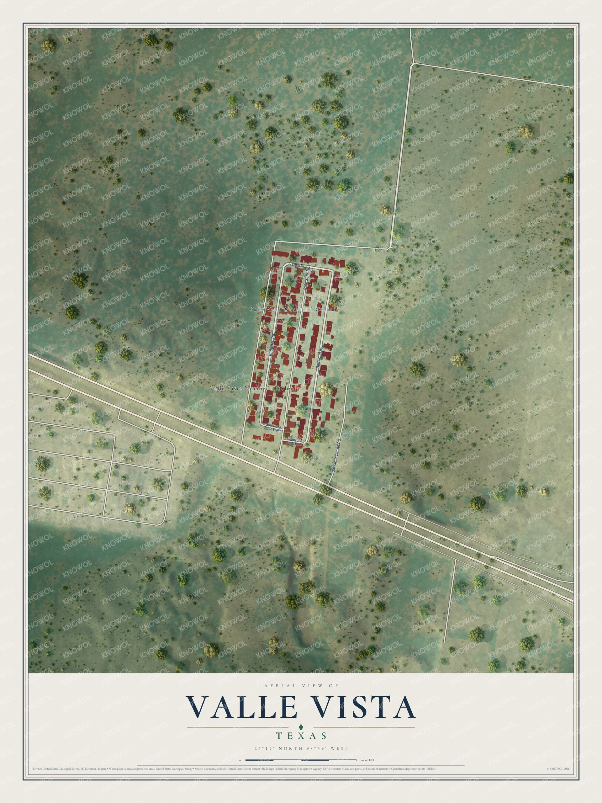 Full map of Valle Vista, Texas, with red buildings, printed street names and the land around them