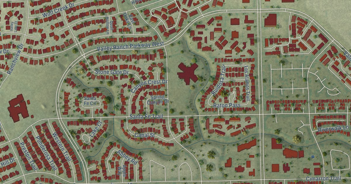 Close-up of streets and buildings in Valley Ranch, Texas