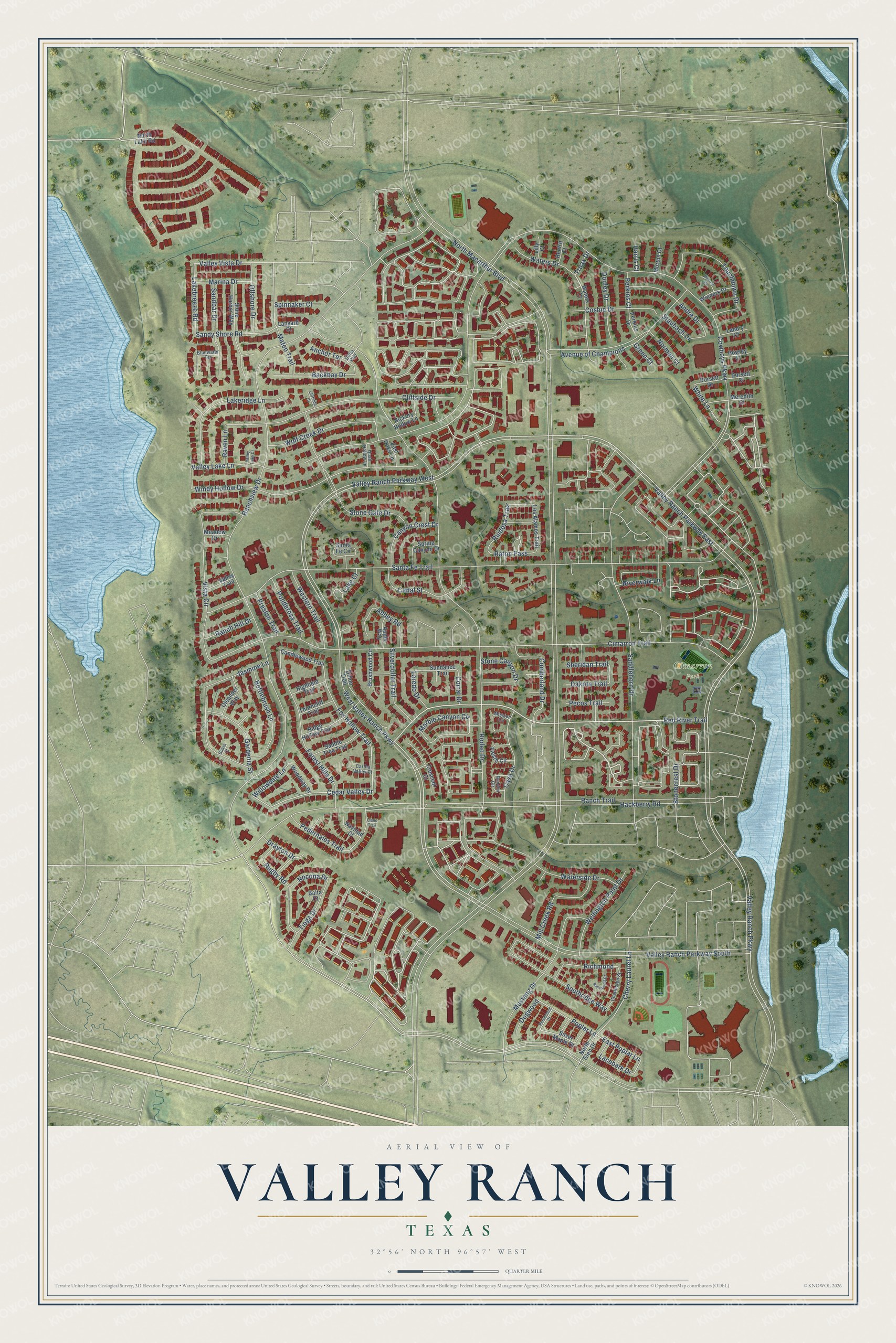 Full map of Valley Ranch, Texas, with red buildings, printed street names and the land around them