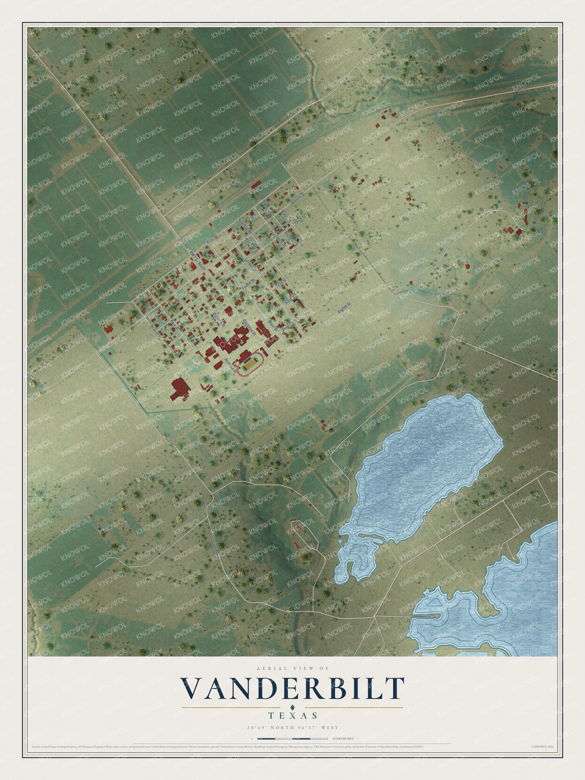 Full map of Vanderbilt, Texas, with red buildings, printed street names and the land around them