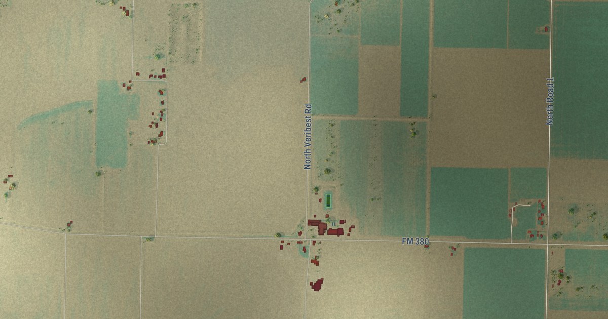 Close-up of streets and buildings in Veribest, Texas
