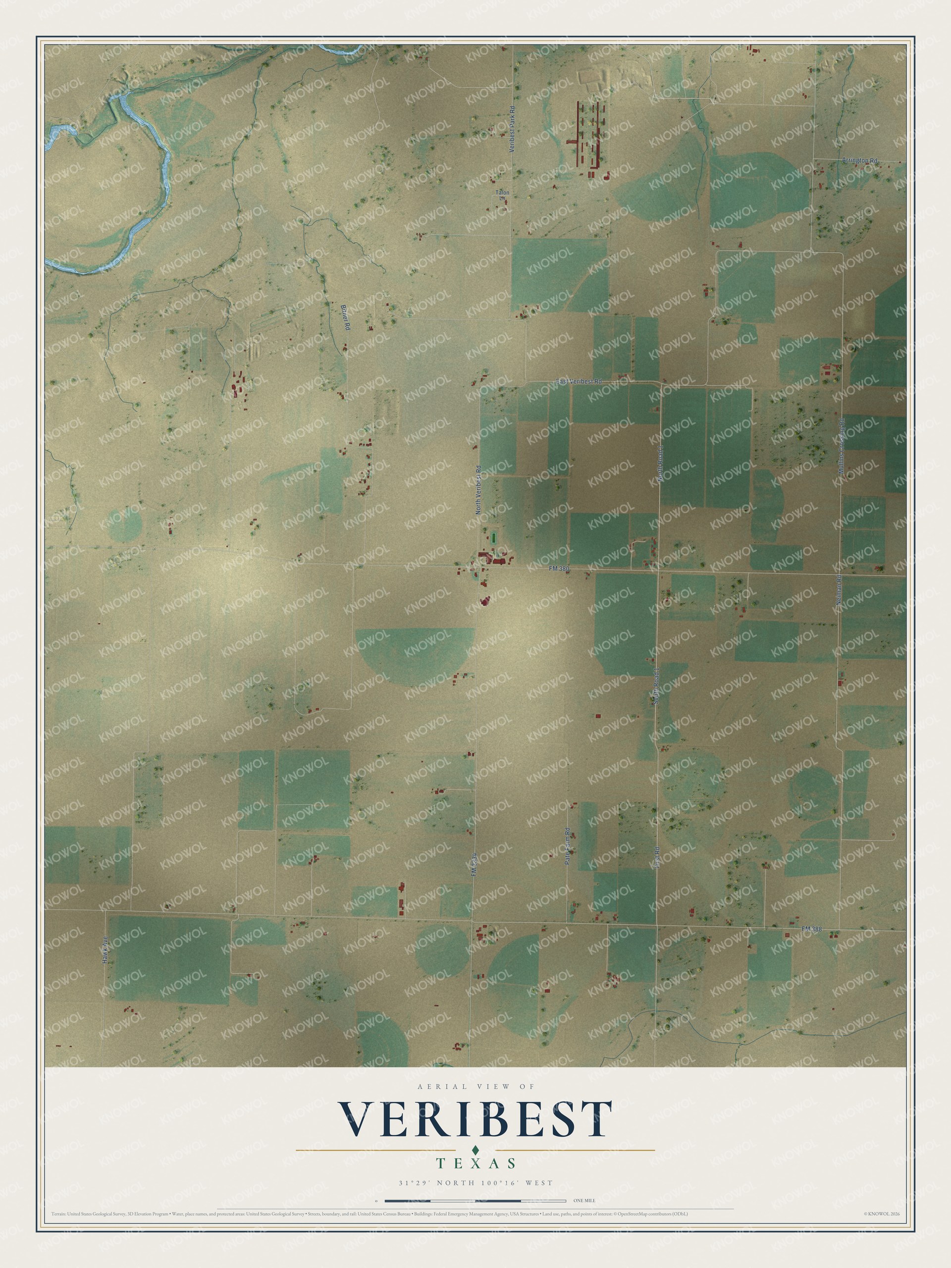 Full map of Veribest, Texas, with red buildings, printed street names and the land around them