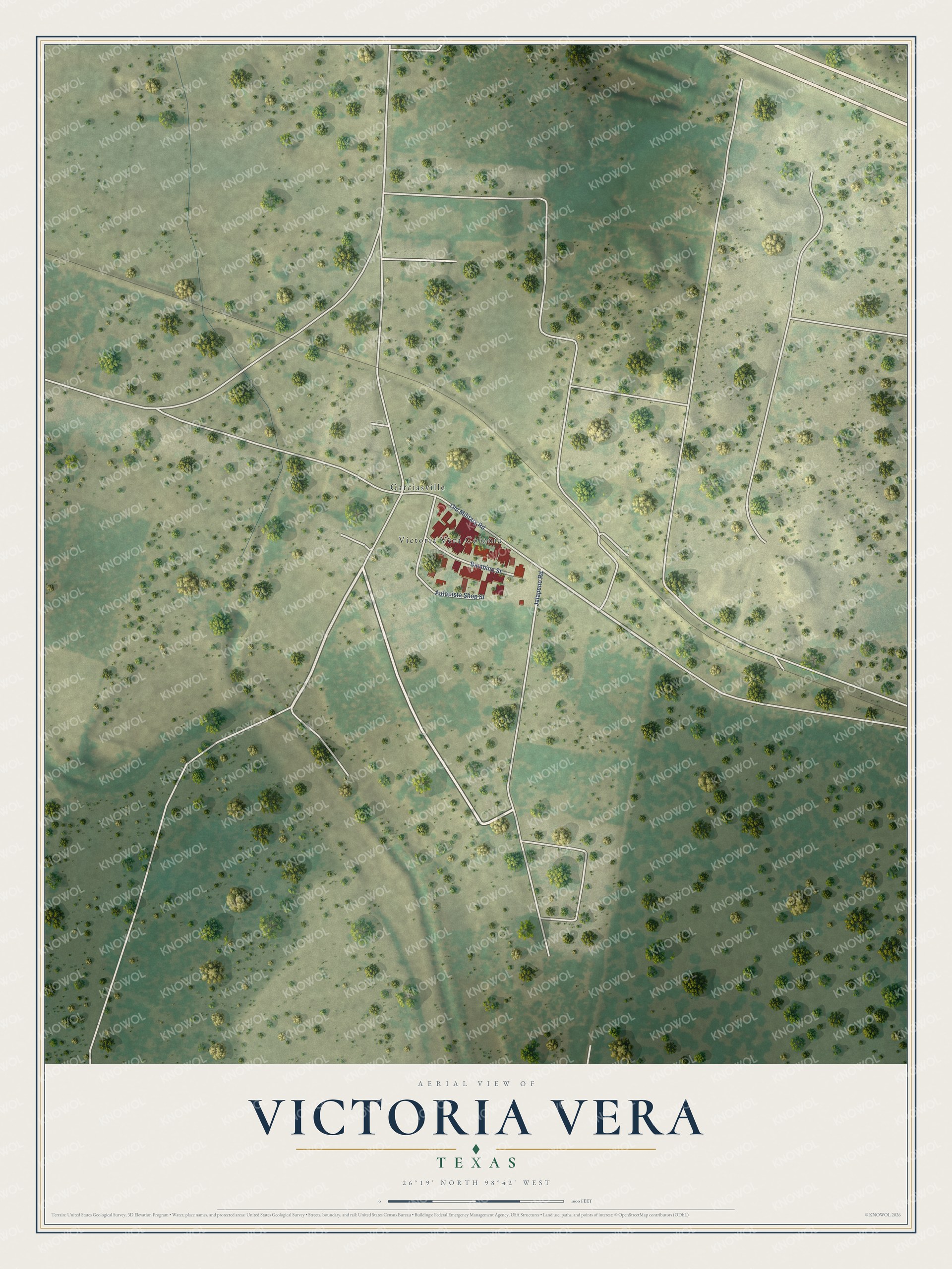 Full map of Victoria Vera, Texas, with red buildings, printed street names and the land around them