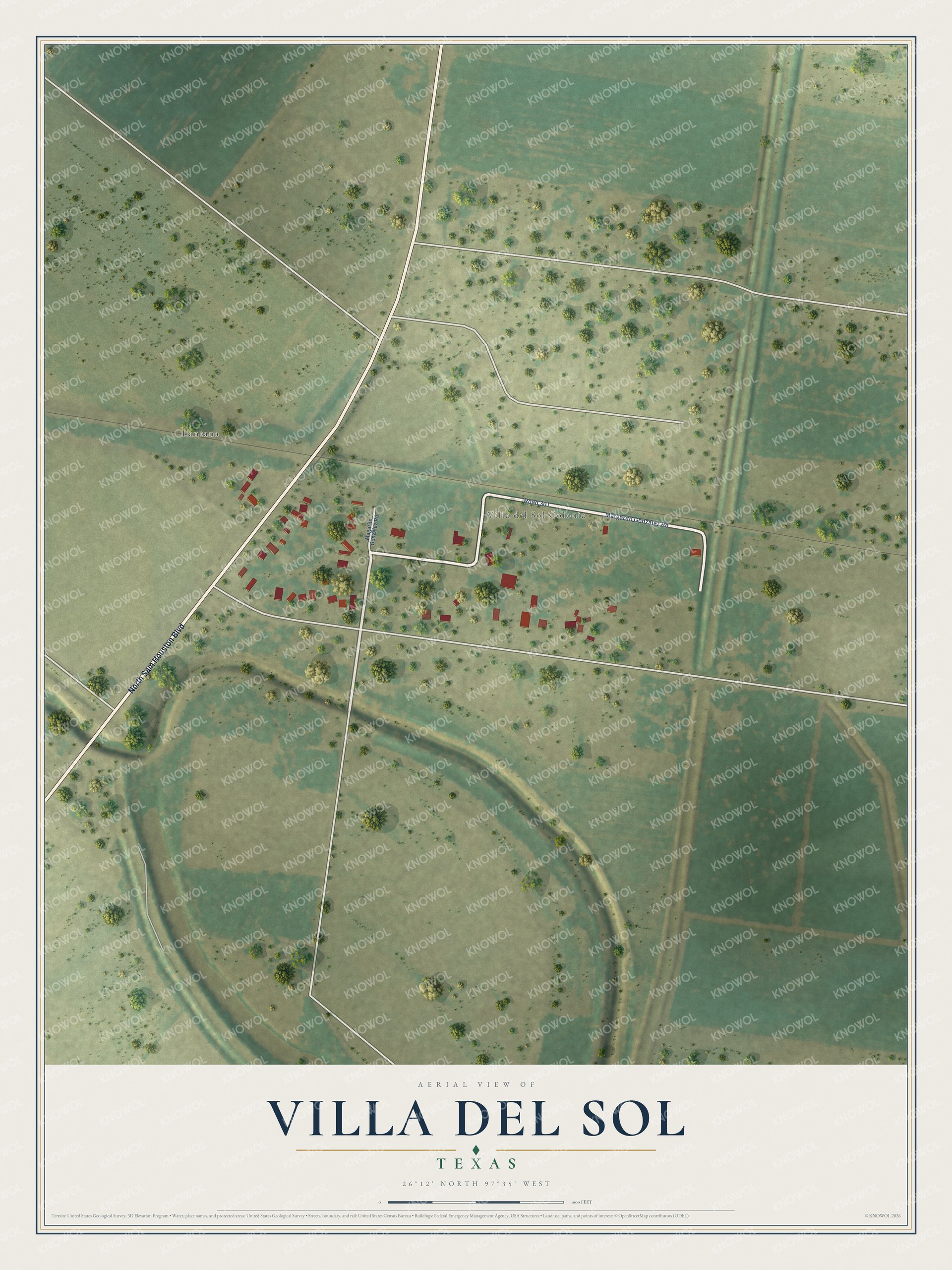 Full map of Villa del Sol, Texas, with red buildings, printed street names and the land around them