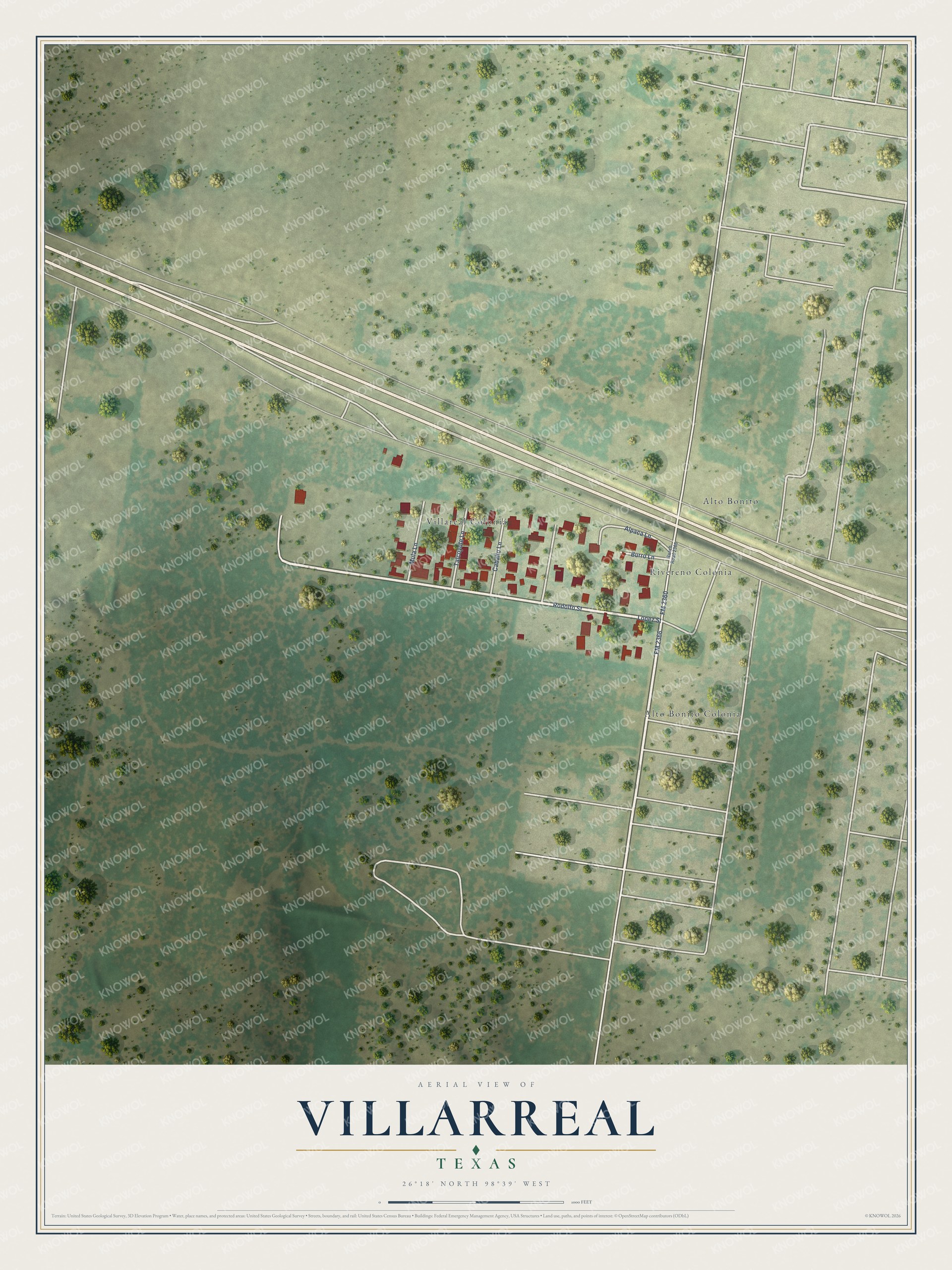 Full map of Villarreal, Texas, with red buildings, printed street names and the land around them