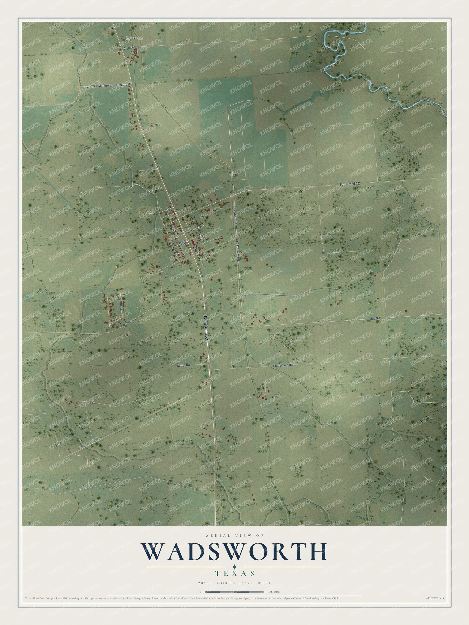 Full map of Wadsworth, Texas, with red buildings, printed street names and the land around them