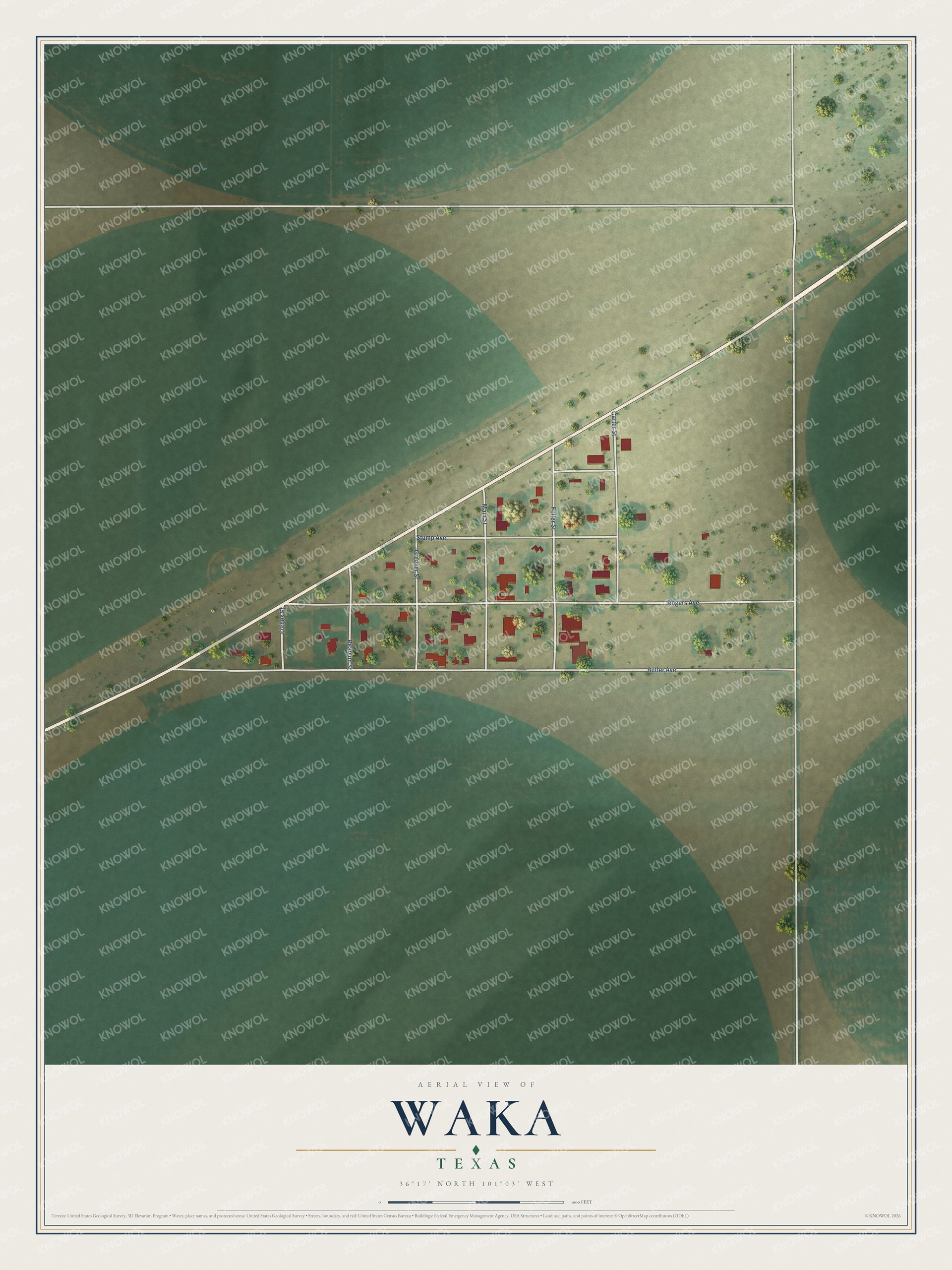 Full map of Waka, Texas, with red buildings, printed street names and the land around them