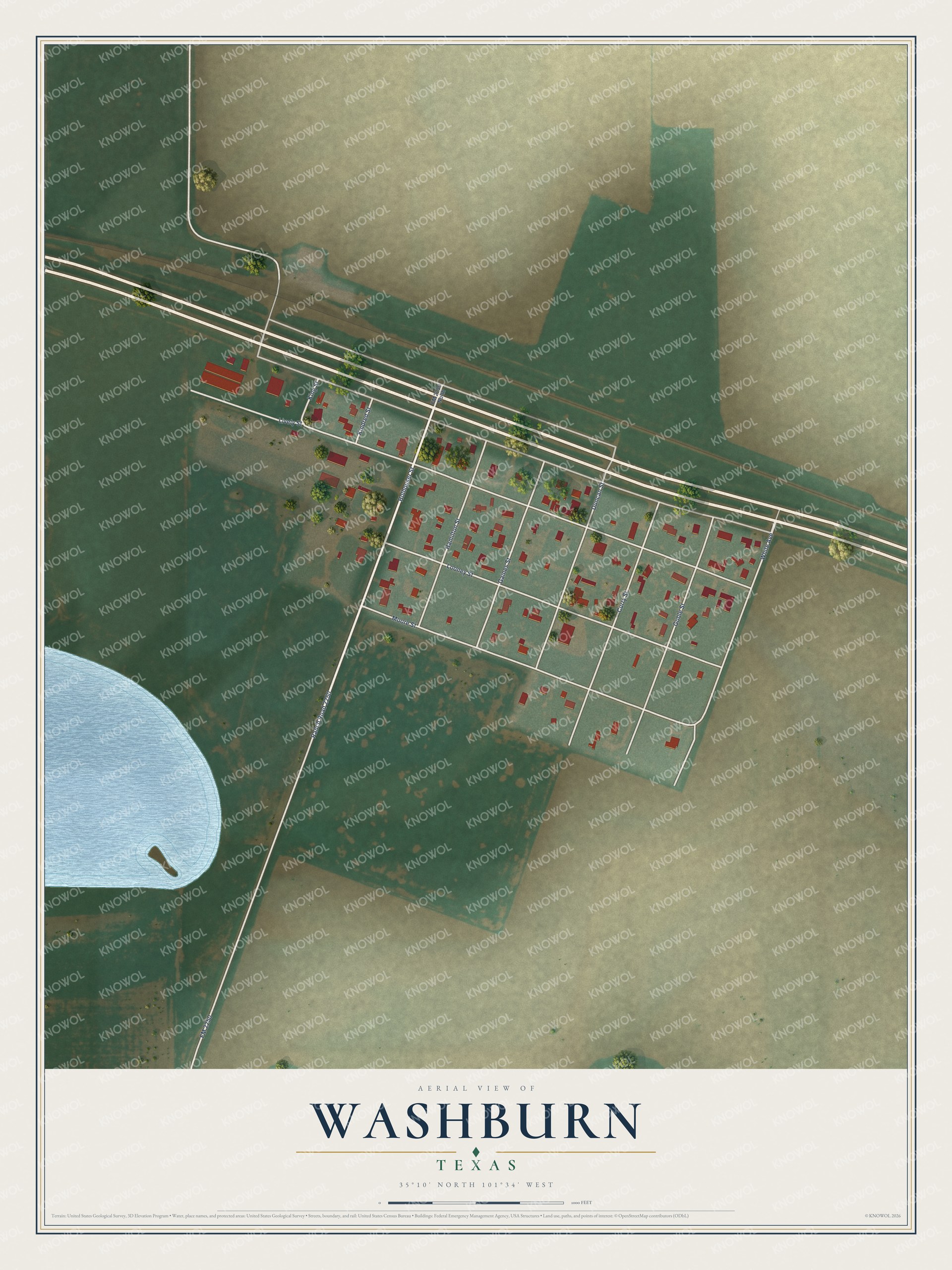 Full map of Washburn, Texas, with red buildings, printed street names and the land around them