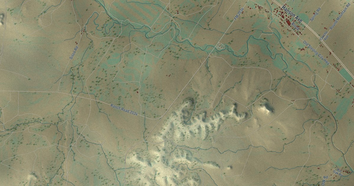 Close-up of streets and buildings in Water Valley, Texas