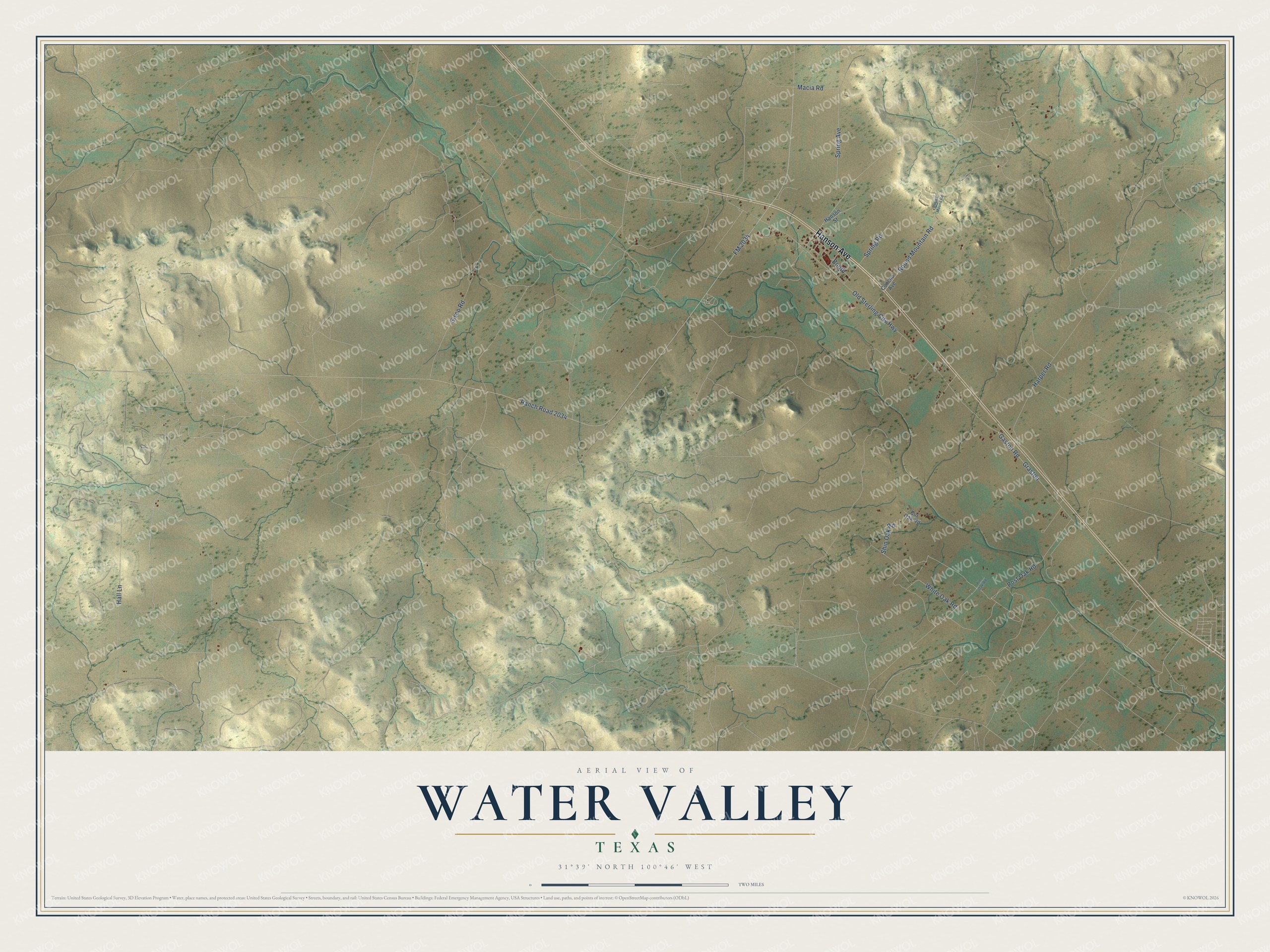 Full map of Water Valley, Texas, with red buildings, printed street names and the land around them