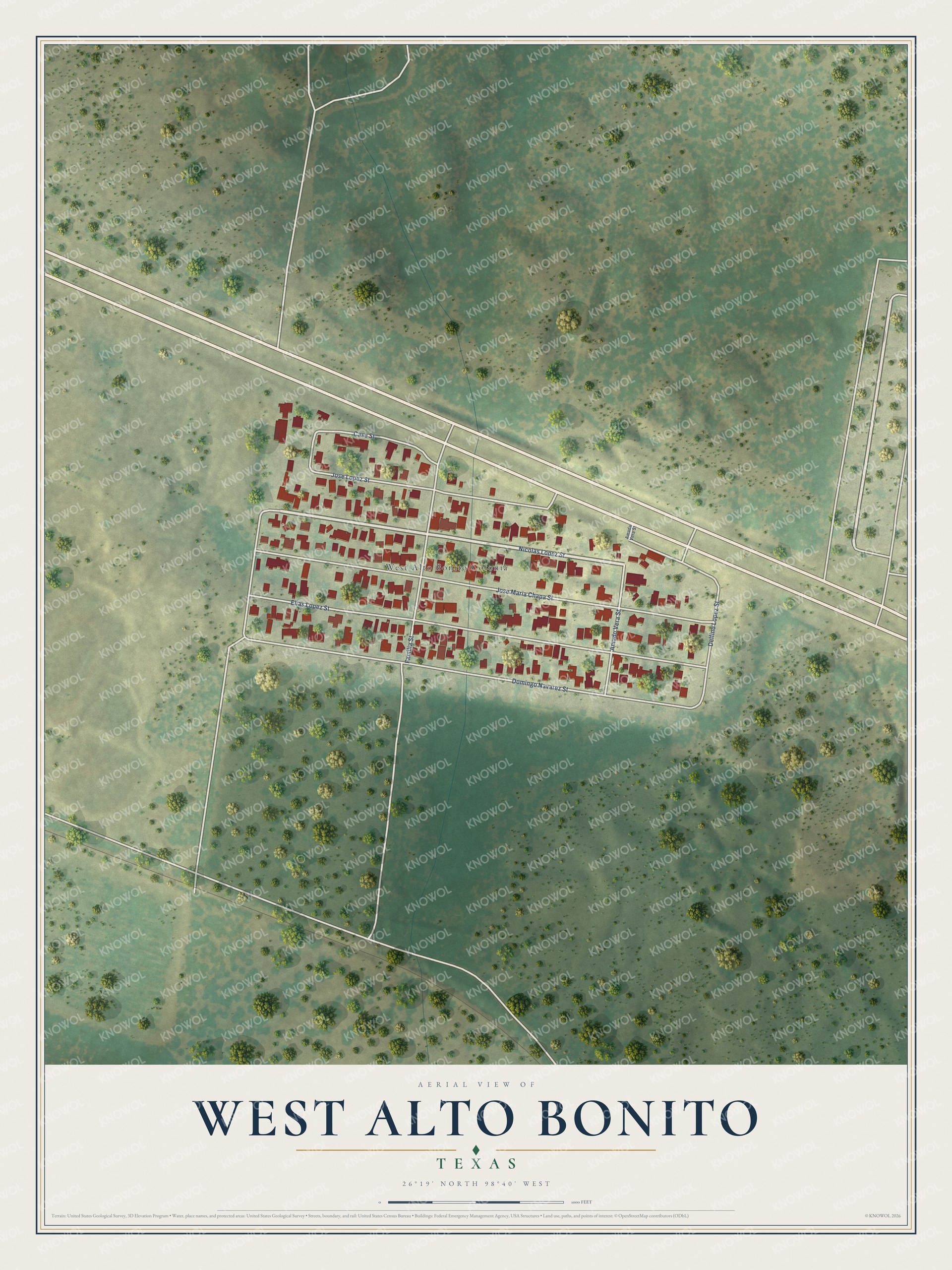 Full map of West Alto Bonito, Texas, with red buildings, printed street names and the land around them