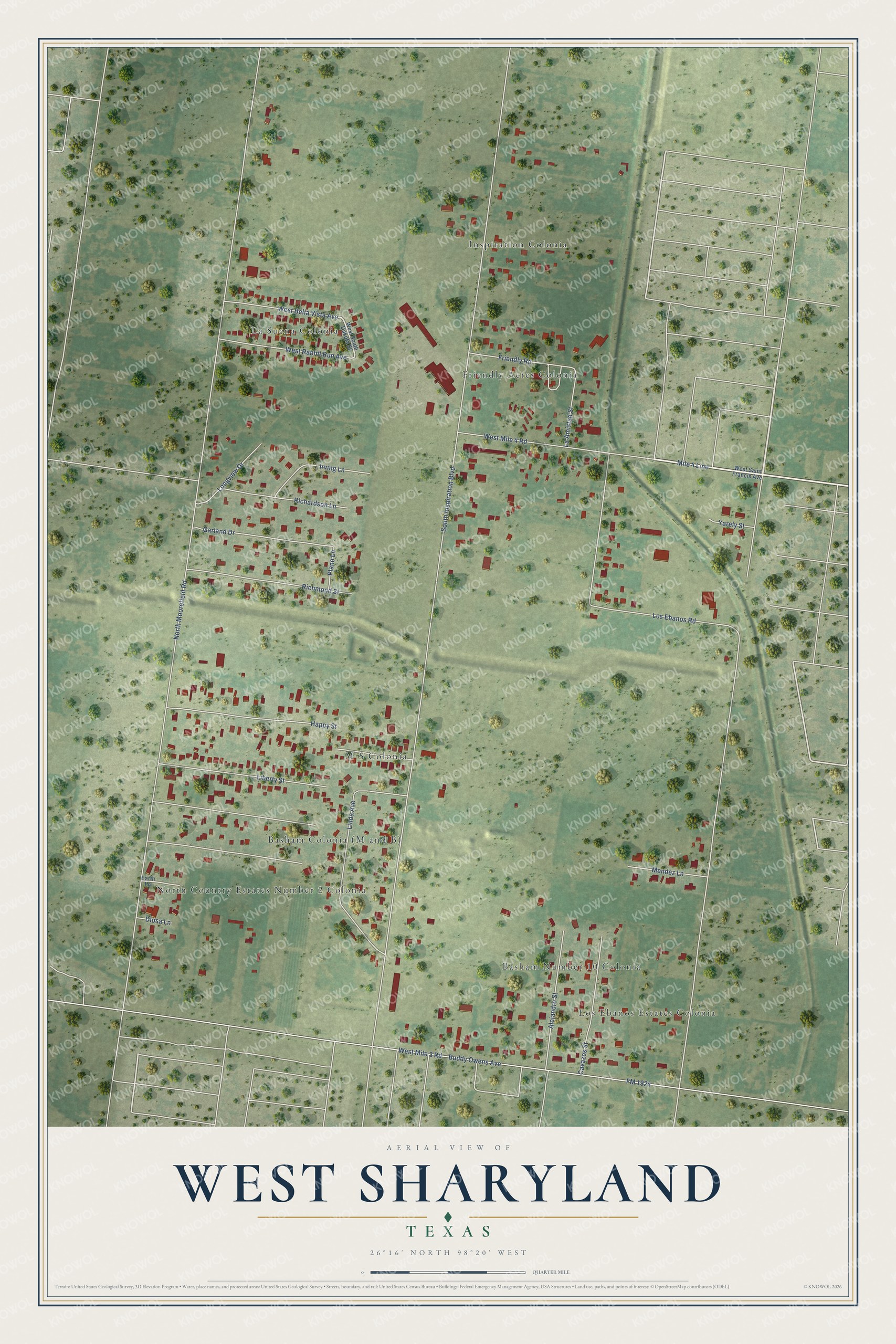 Full map of West Sharyland, Texas, with red buildings, printed street names and the land around them