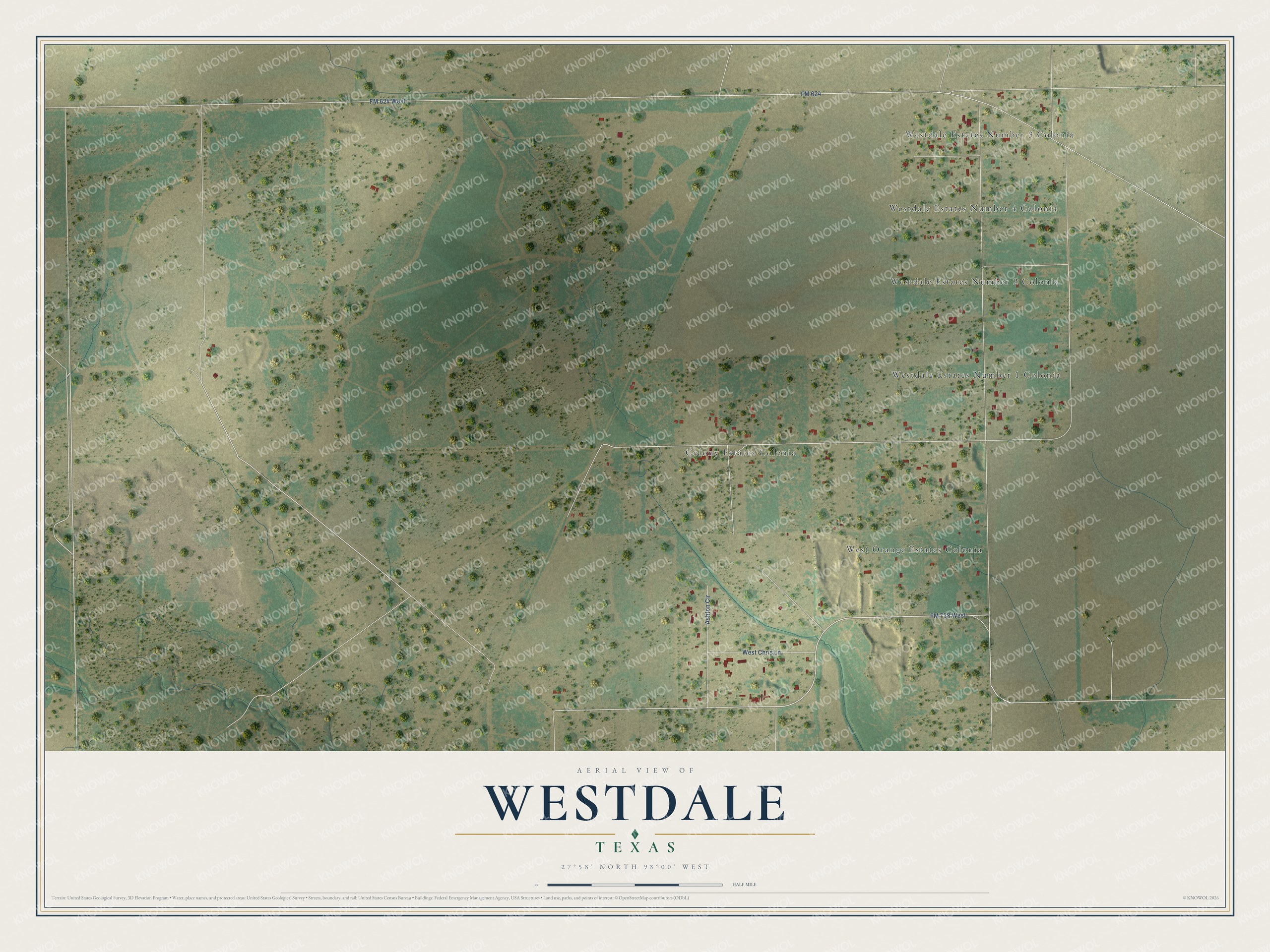 Full map of Westdale, Texas, with red buildings, printed street names and the land around them