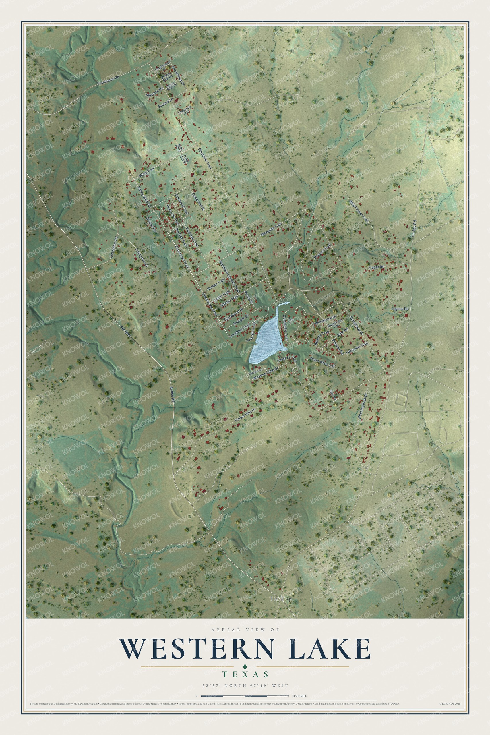 Full map of Western Lake, Texas, with red buildings, printed street names and the land around them
