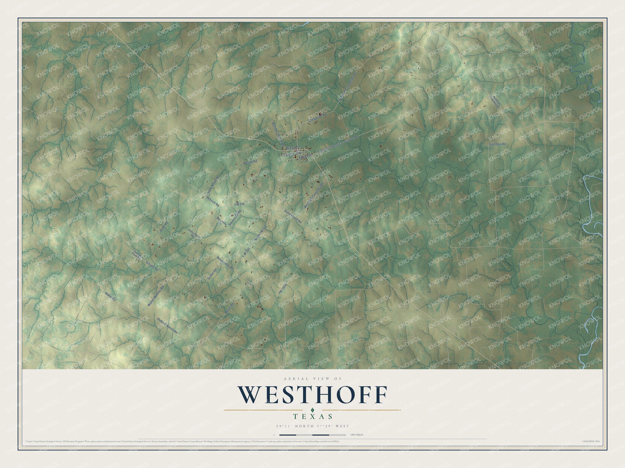 Full map of Westhoff, Texas, with red buildings, printed street names and the land around them