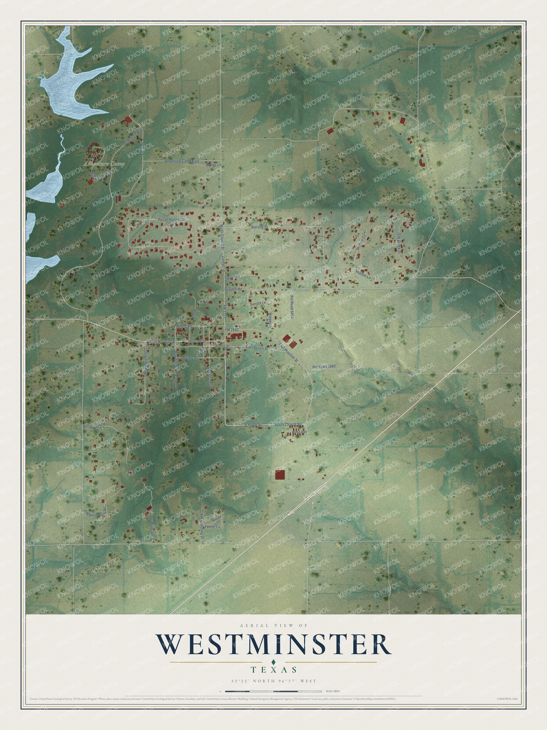 Full map of Westminster, Texas, with red buildings, printed street names and the land around them