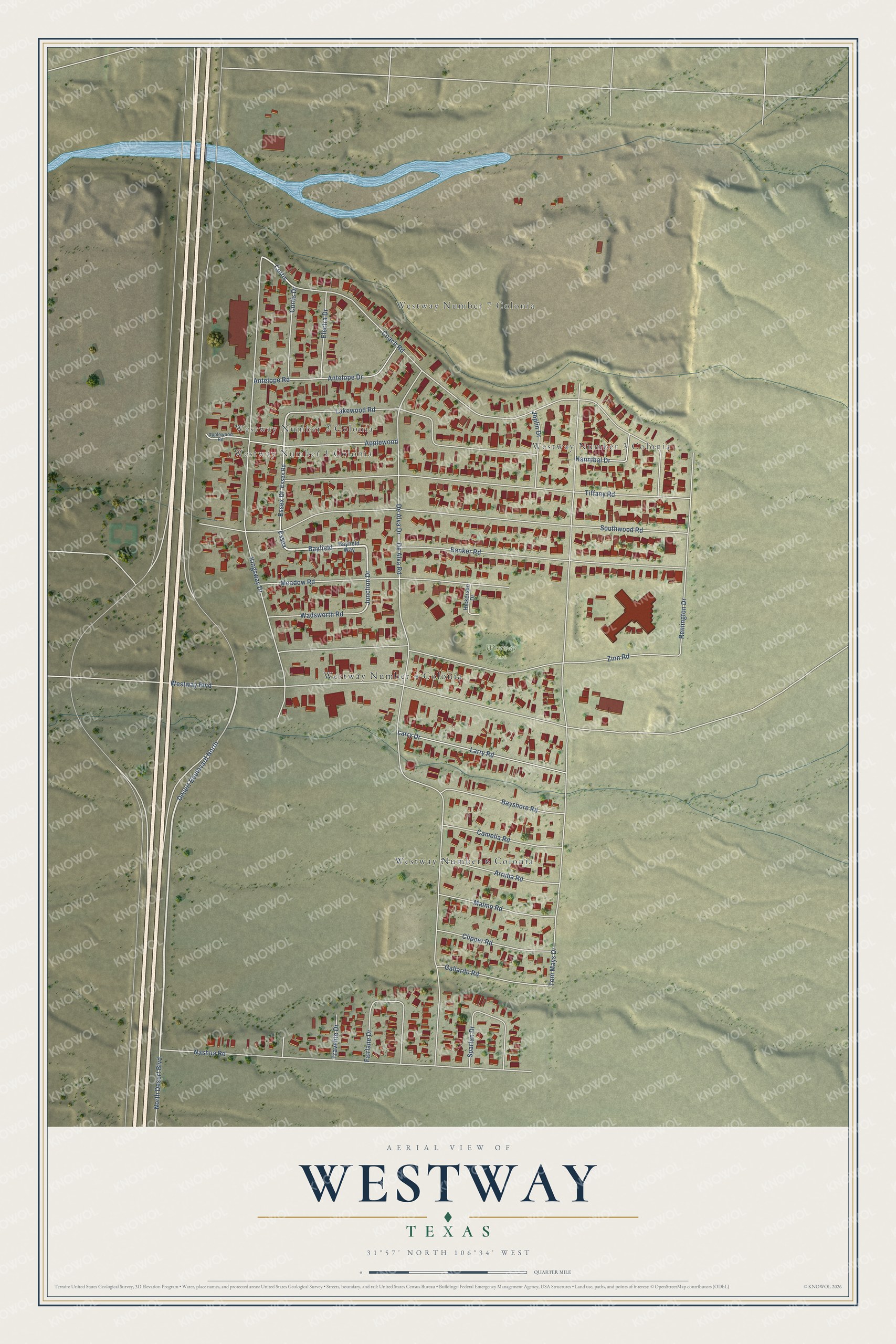 Full map of Westway, Texas, with red buildings, printed street names and the land around them