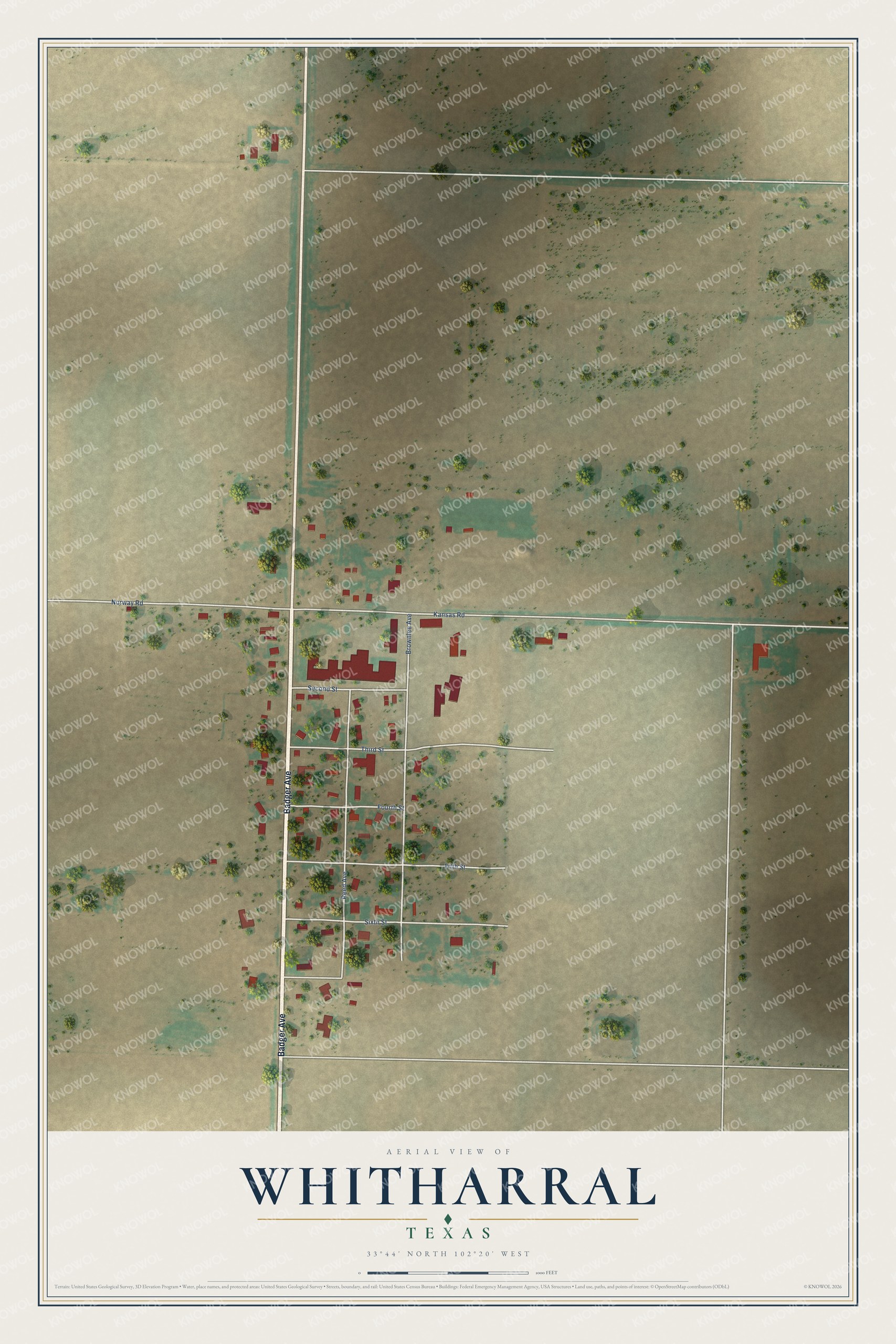 Full map of Whitharral, Texas, with red buildings, printed street names and the land around them
