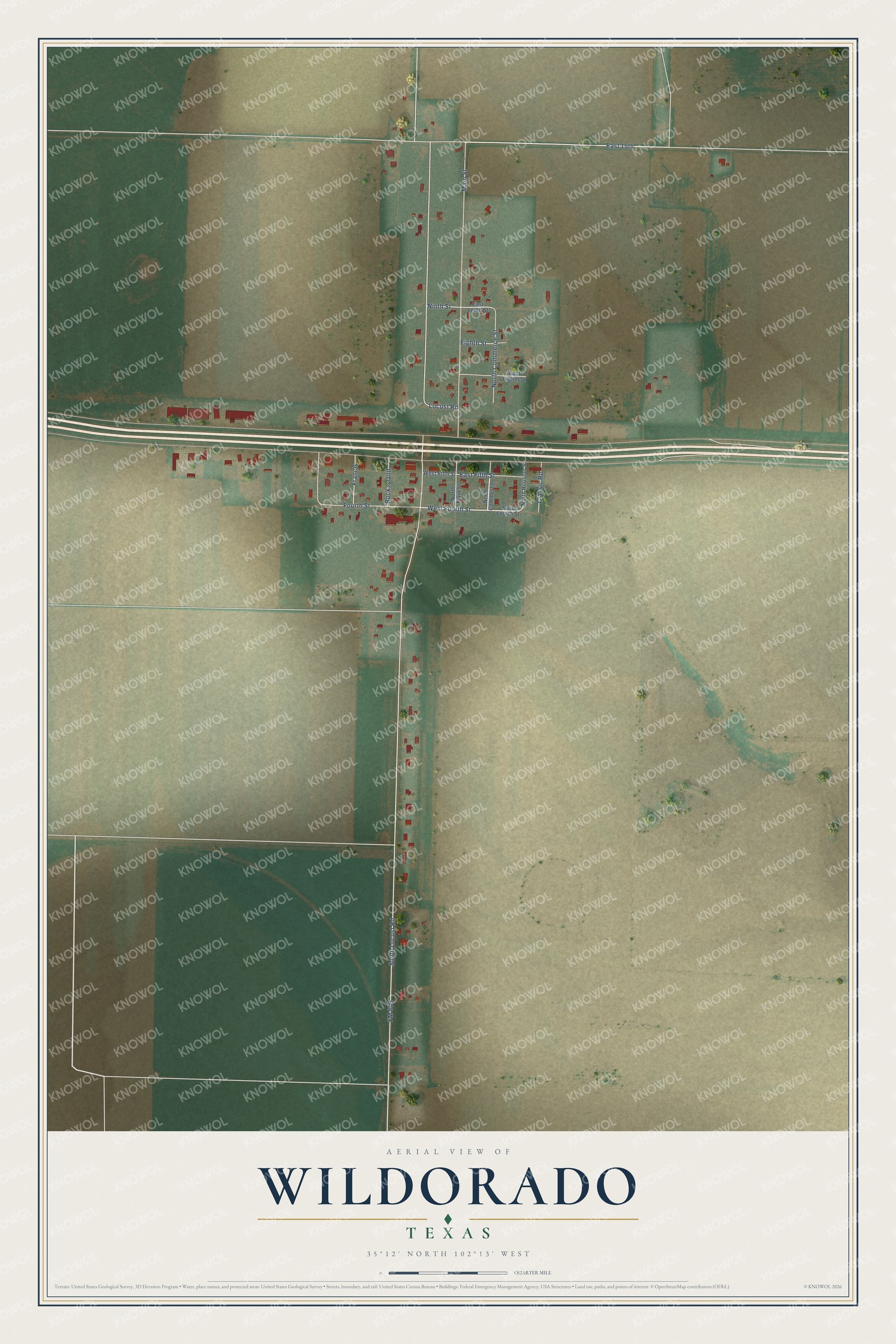 Full map of Wildorado, Texas, with red buildings, printed street names and the land around them