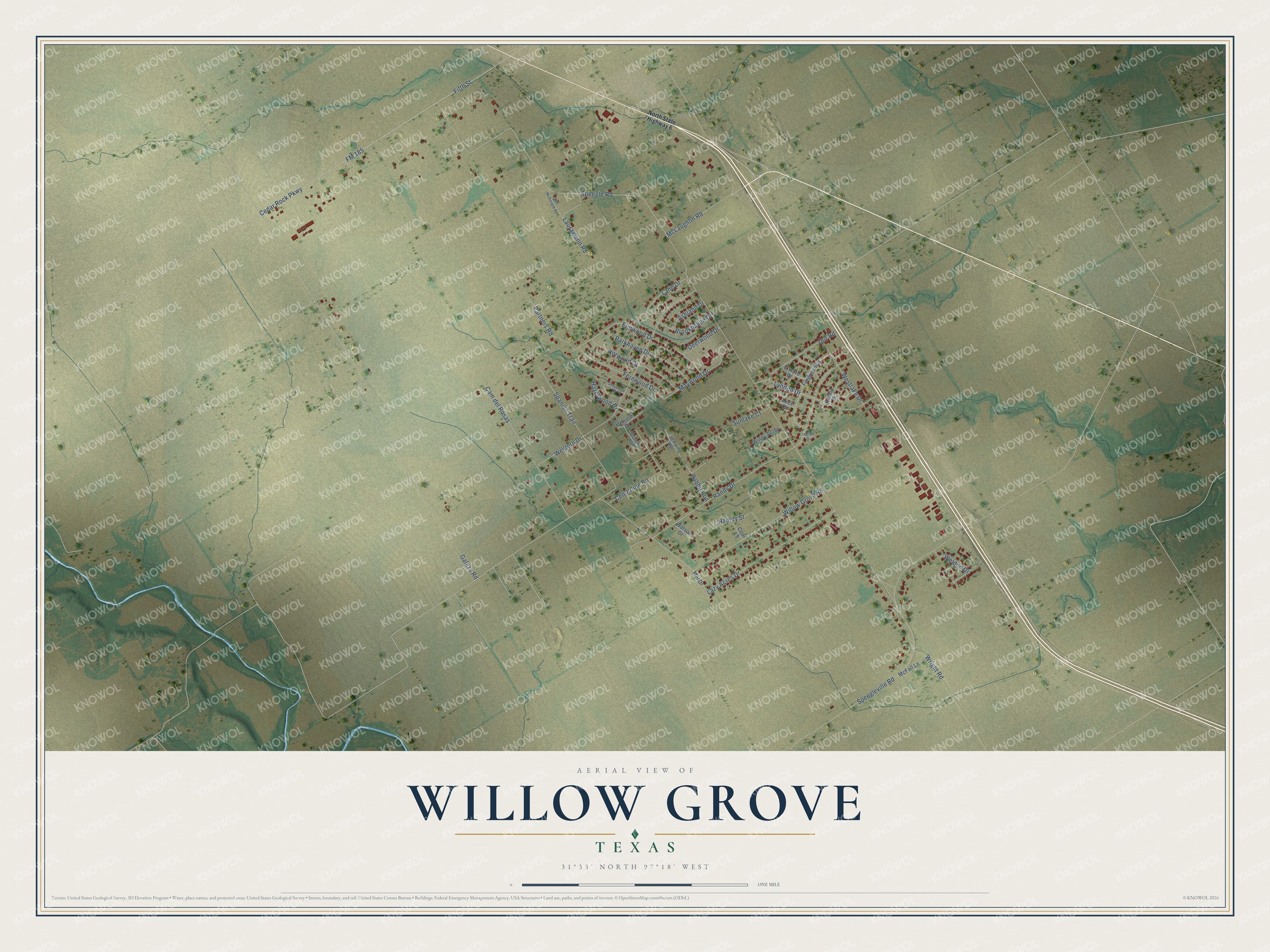 Full map of Willow Grove, Texas, with red buildings, printed street names and the land around them