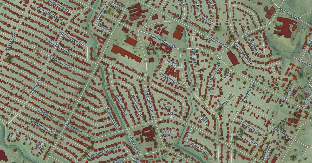 Close-up of streets and buildings in Windsor Park, Texas