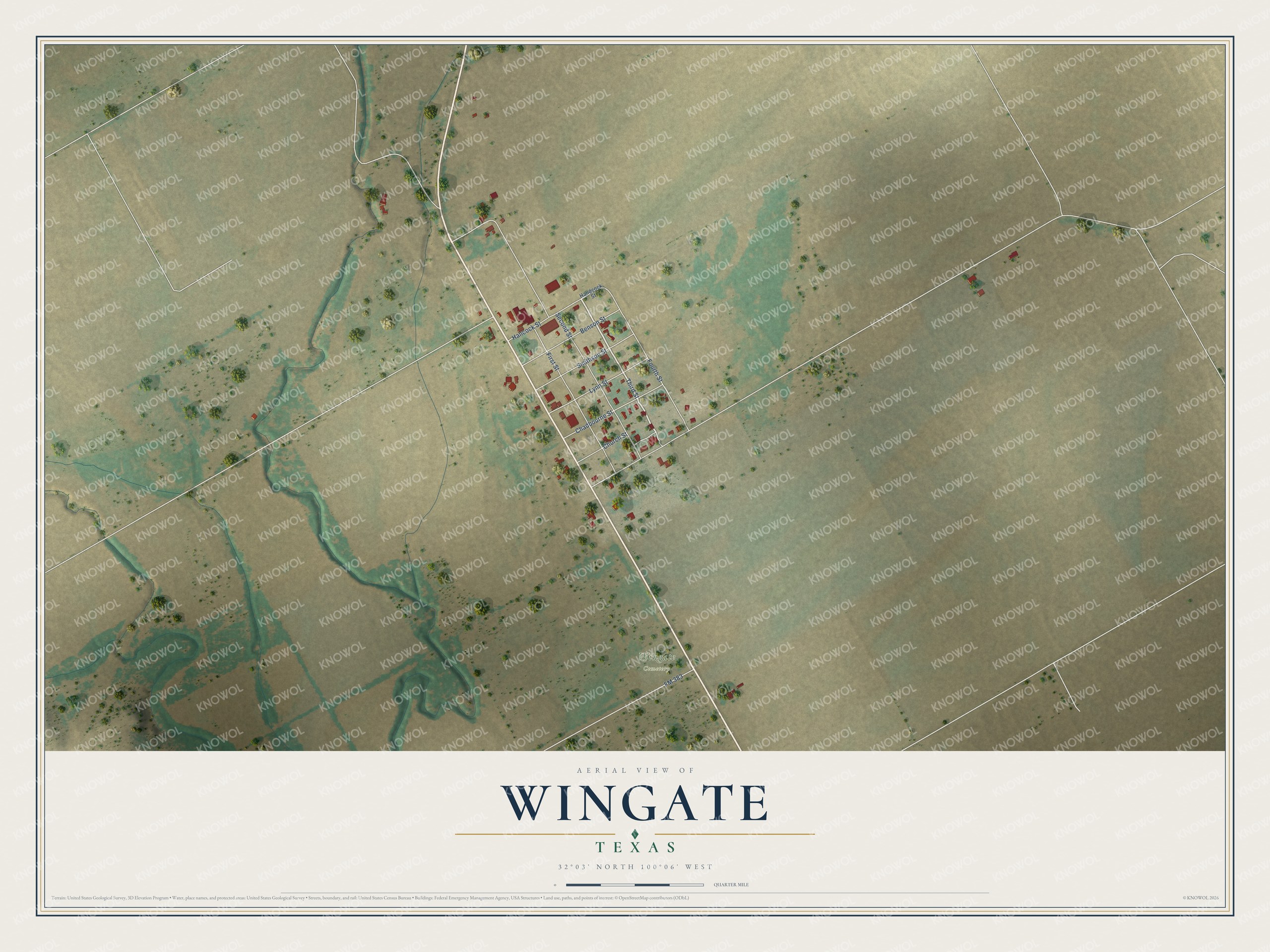 Full map of Wingate, Texas, with red buildings, printed street names and the land around them