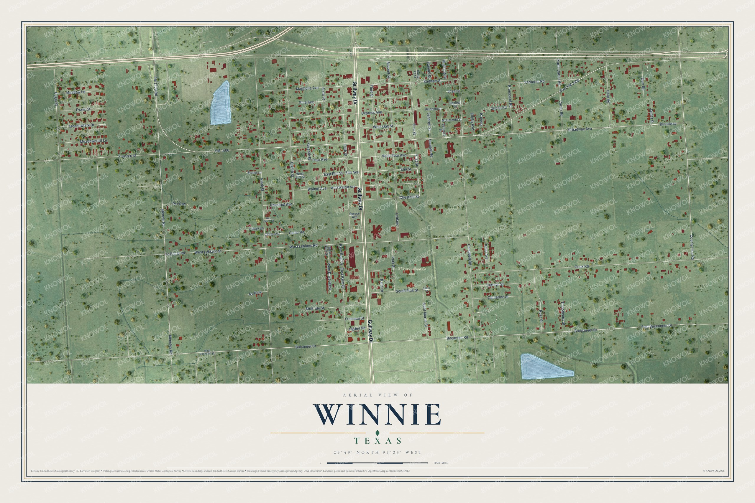 Full map of Winnie, Texas, with red buildings, printed street names and the land around them